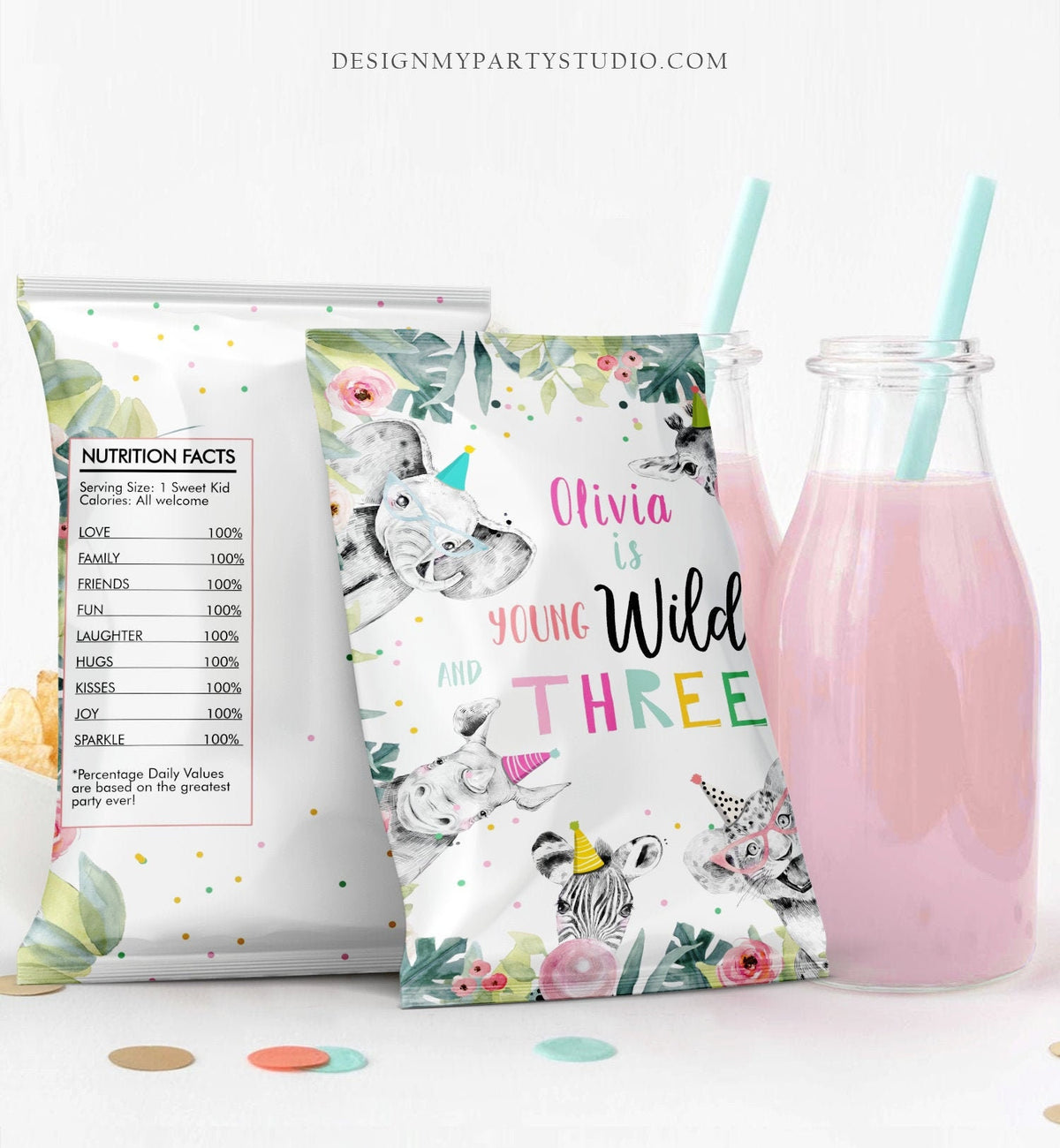 Editable Young Wild and Three Chip Bag Party Animals Birthday Decor Girl Zoo Safari Animals Pink Snack Favors Digital Corjl Template 0322