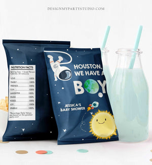 Editable Outer Space Chip Bag Outer Space Baby Shower Decor Houston We Have A Boy Astronaut Galaxy Snack Favors Digital Corjl Template 0046