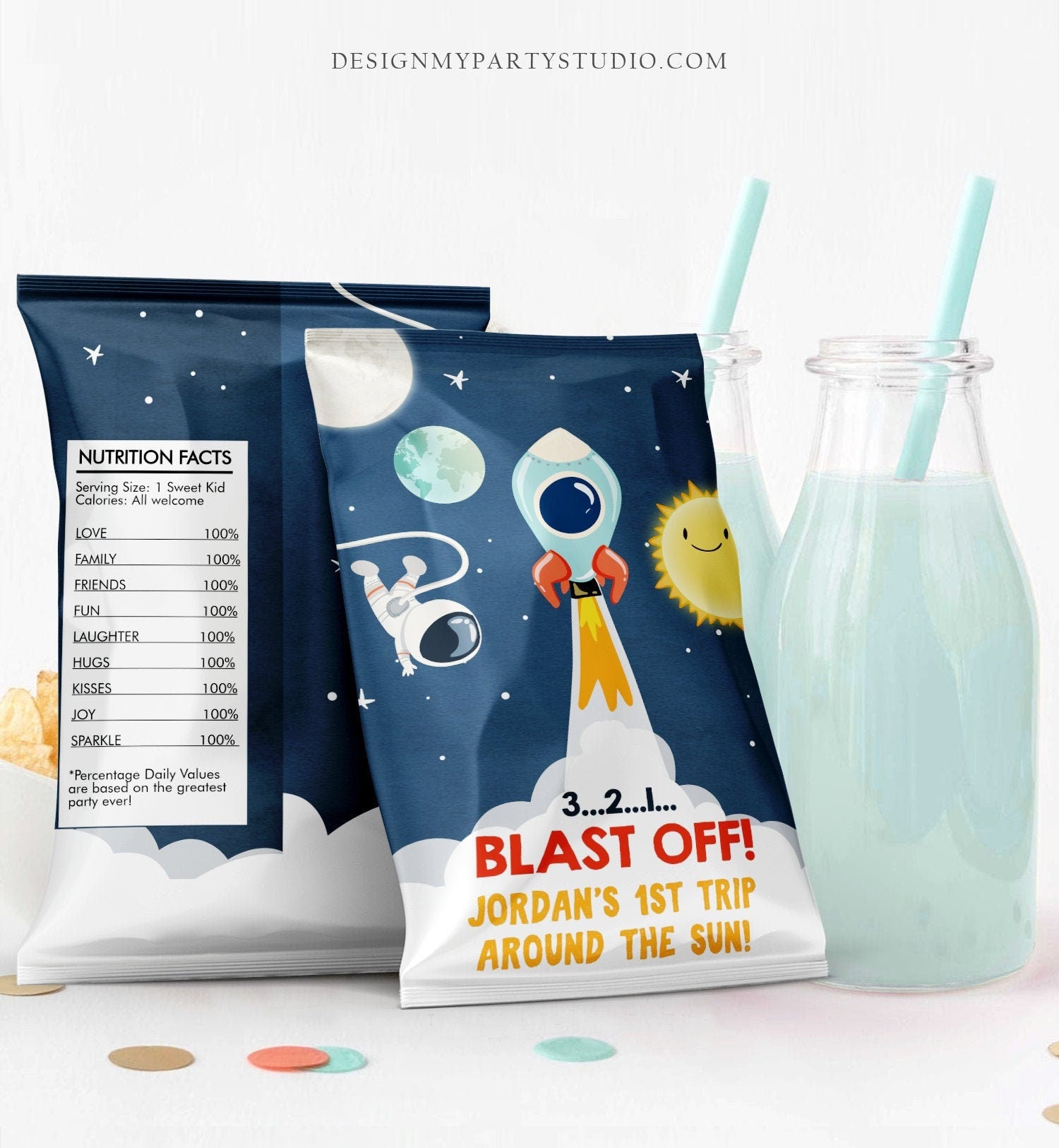 Editable Outer Space Chip Bag Outer Space Birthday Party Decor Boy 1st Birthday Astronaut Galaxy Snack Favors Digital Corjl Template 0046
