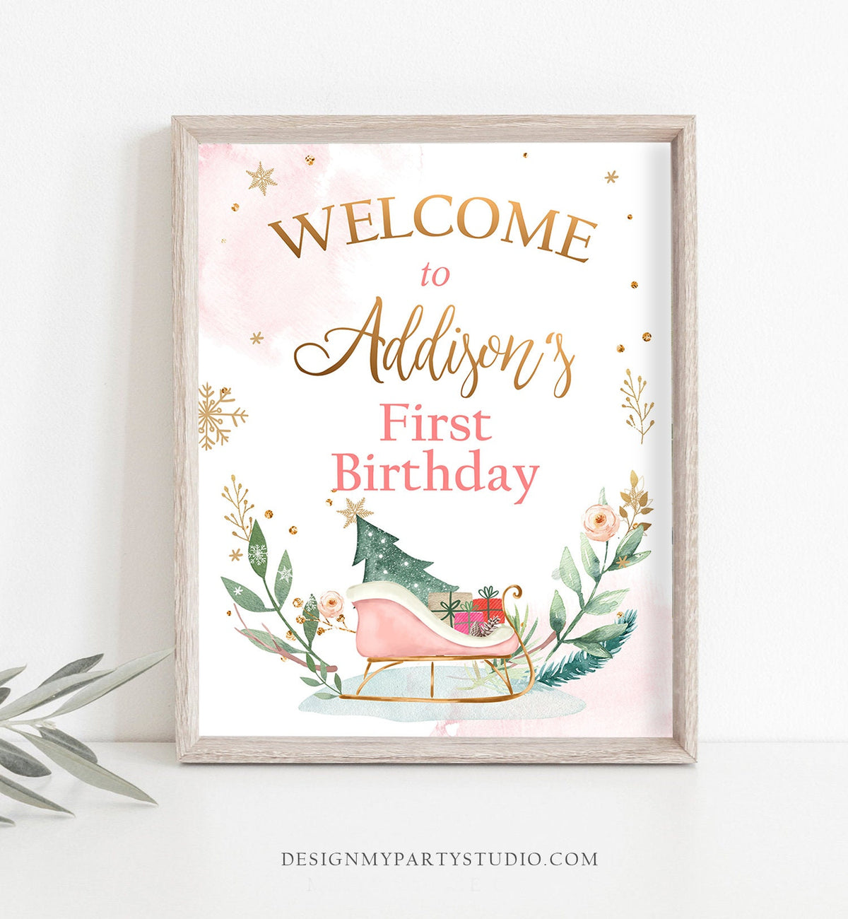 Editable Winter Birthday Welcome Sign Sleigh Oh What Fun Welcome Girl Pink Gold Christmas Party Holiday Digital Template Printable 0353