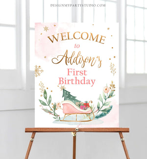Editable Winter Birthday Welcome Sign Sleigh Oh What Fun Welcome Girl Pink Gold Christmas Party Holiday Sign Template PRINTABLE Corjl 0353