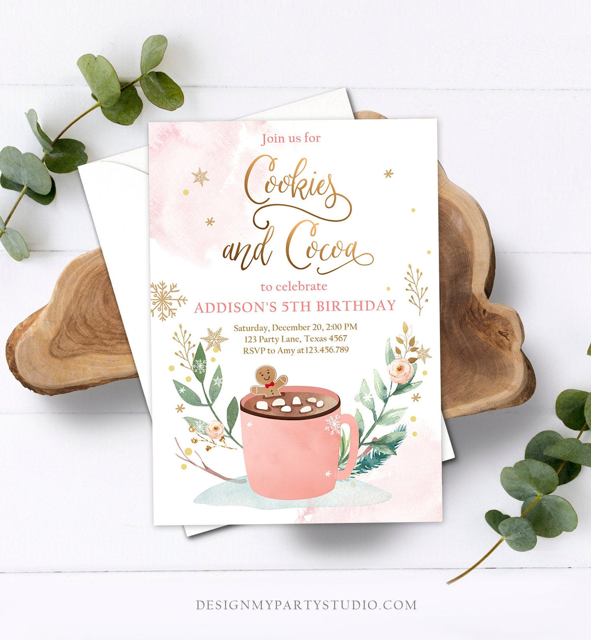 Editable Cookies and Cocoa Invitation Hot Cocoa Party Hot Chocolate Christmas Birthday Girl Pink Gold Digital Evite Template Printable 0353