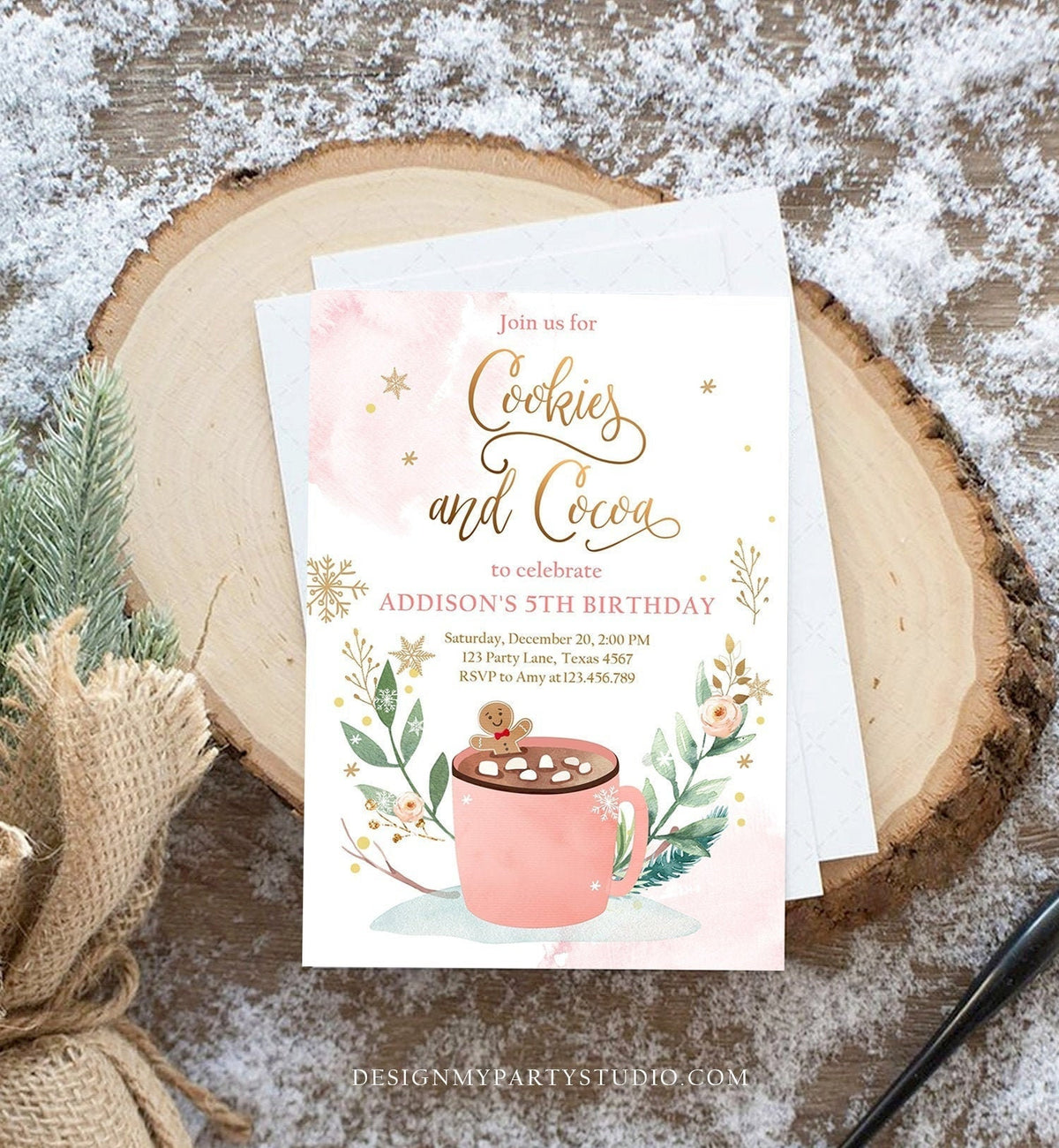 Editable Cookies and Cocoa Invitation Hot Cocoa Party Hot Chocolate Christmas Birthday Girl Pink Gold Digital Evite Template Printable 0353