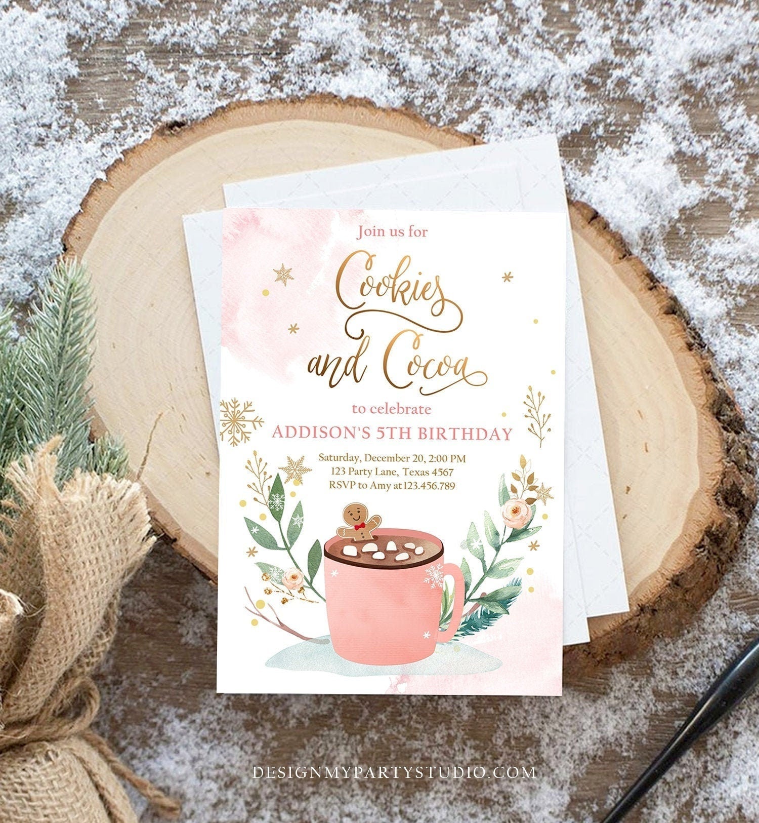 Editable Cookies and Cocoa Invitation Hot Cocoa Party Hot Chocolate Christmas Birthday Girl Pink Gold Digital Evite Template Printable 0353