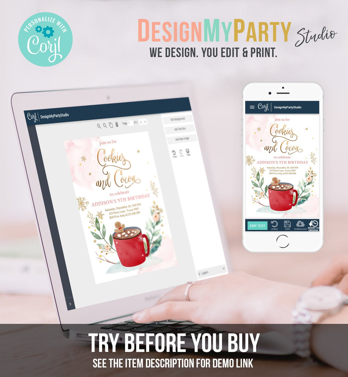 Editable Cookies and Cocoa Invitation Hot Cocoa Party Chocolate Christmas Birthday Girl Pink Gold Digital Download Template Printable 0353