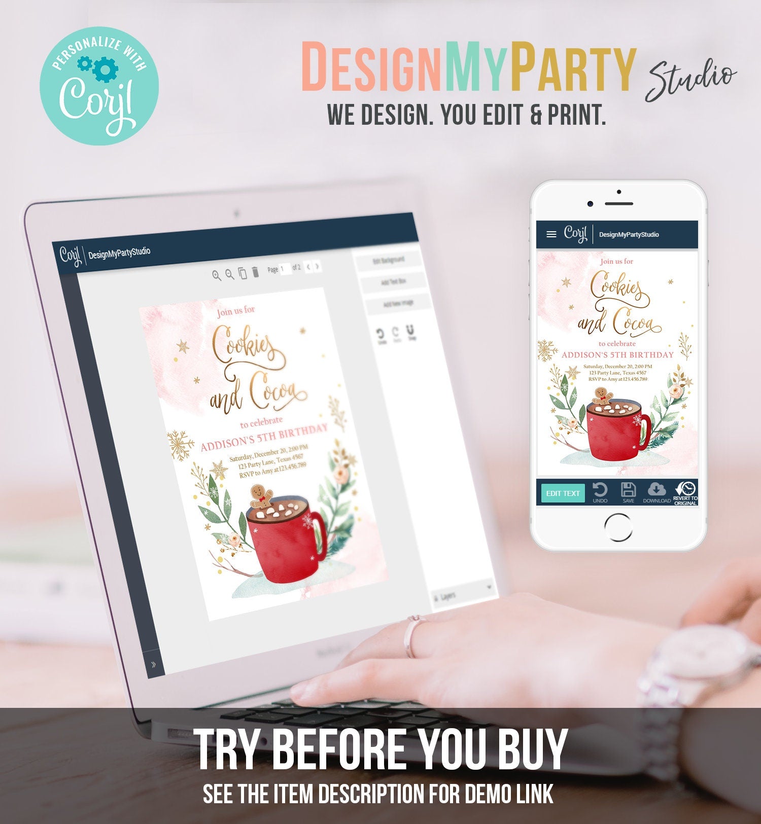 Editable Cookies and Cocoa Invitation Hot Cocoa Party Chocolate Christmas Birthday Girl Pink Gold Digital Download Template Printable 0353