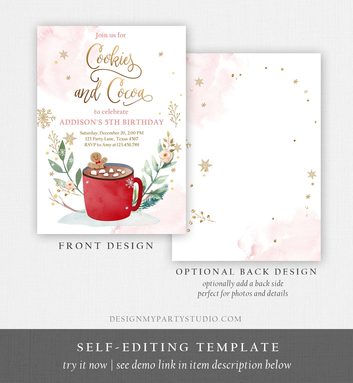 Editable Cookies and Cocoa Invitation Hot Cocoa Party Chocolate Christmas Birthday Girl Pink Gold Digital Download Template Printable 0353