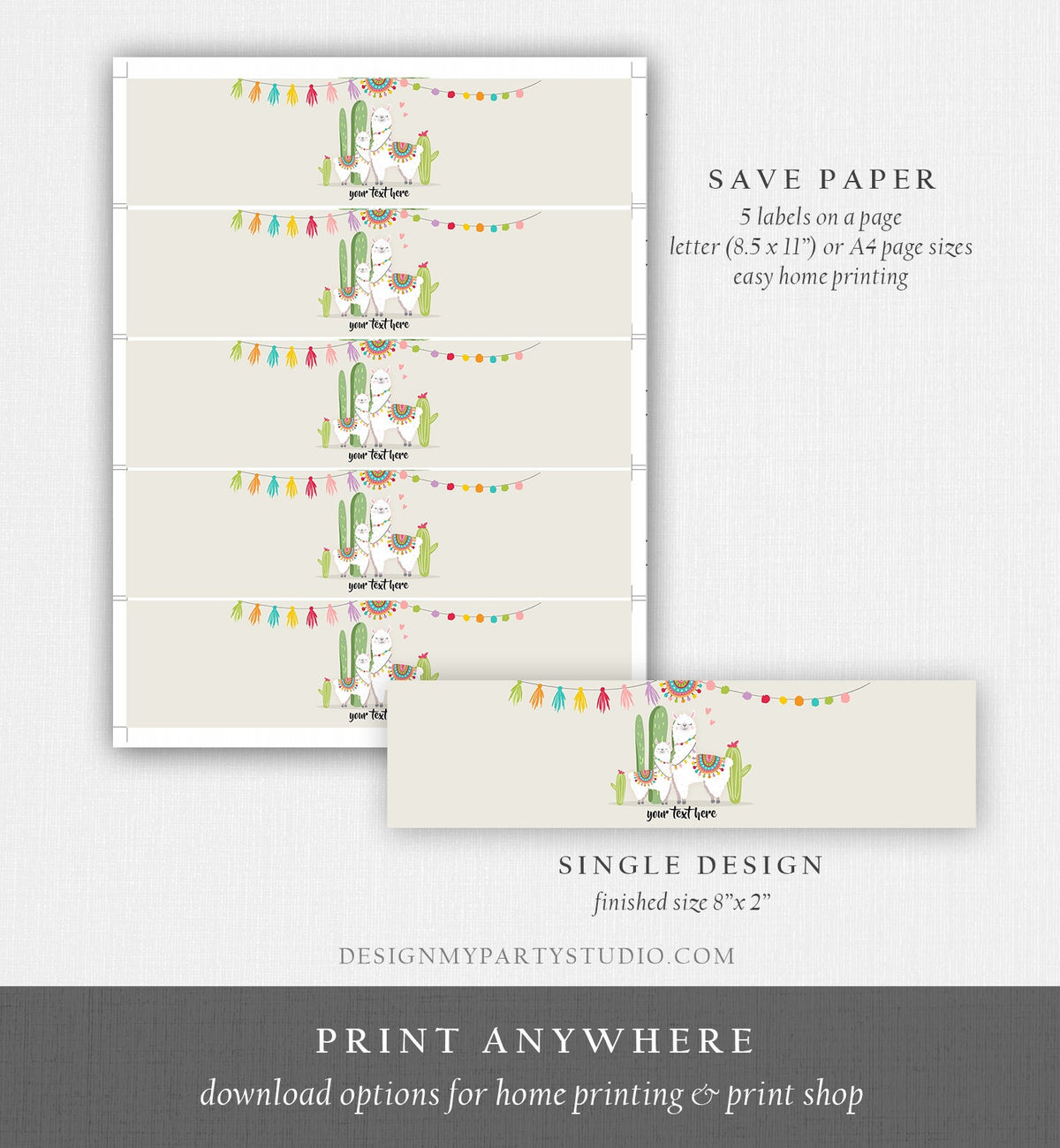 Editable Water Bottle Labels Llama Baby Shower Cactus Succulent Fiesta Mexican Bottle Labels Gender Neutral Digital Template Printable 0079