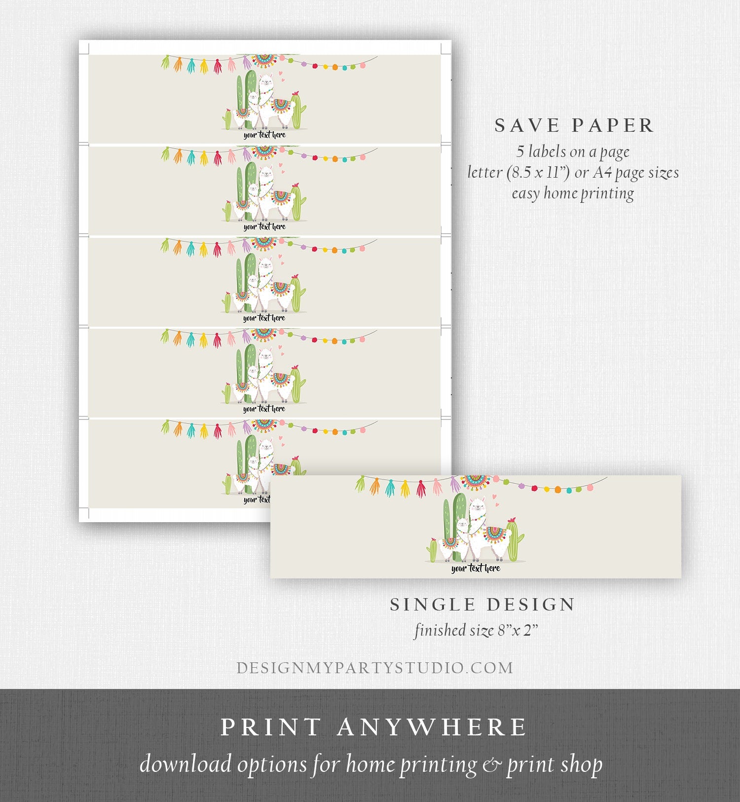 Editable Water Bottle Labels Llama Baby Shower Cactus Succulent Fiesta Mexican Bottle Labels Gender Neutral Digital Template Printable 0079