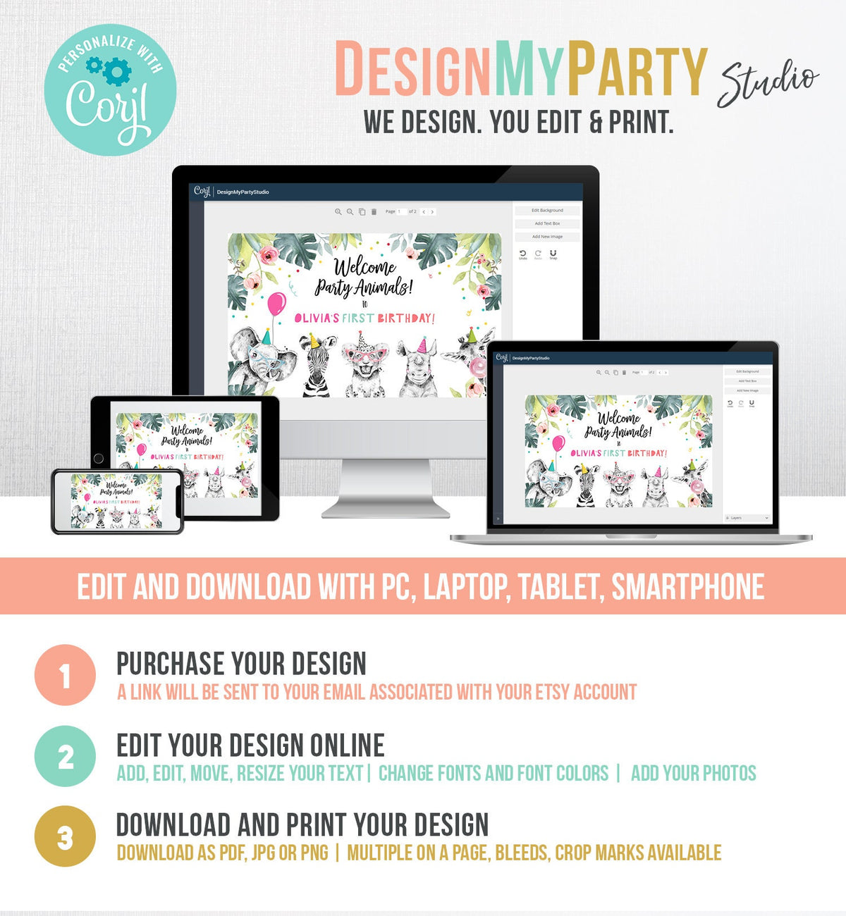 Editable Party Animals Birthday Backdrop Banner Welcome Safari Animals Girl Pink First Birthday Sign Download Corjl Template Printable 0322