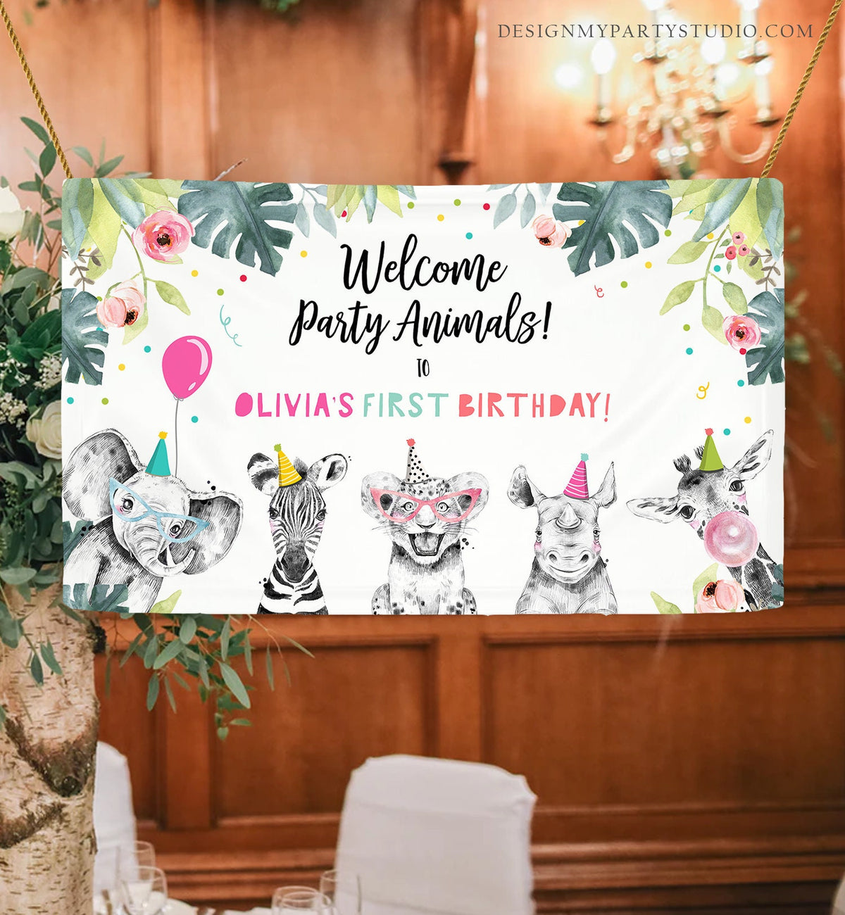 Editable Party Animals Birthday Backdrop Banner Welcome Safari Animals Girl Pink First Birthday Sign Download Corjl Template Printable 0322