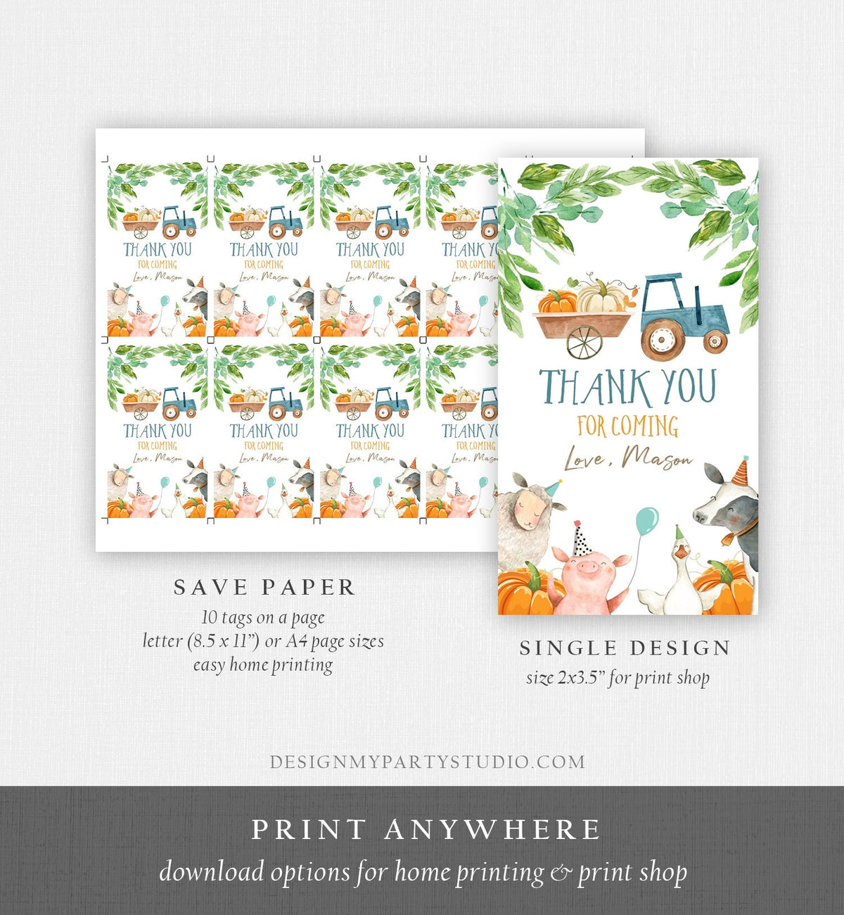 Editable Pumpkin Farm Favor Tags Tags Boy Farm Birthday Thank you tags Barnyard Fall Gift Tags Farm Birthday Digital Template Printable 0155