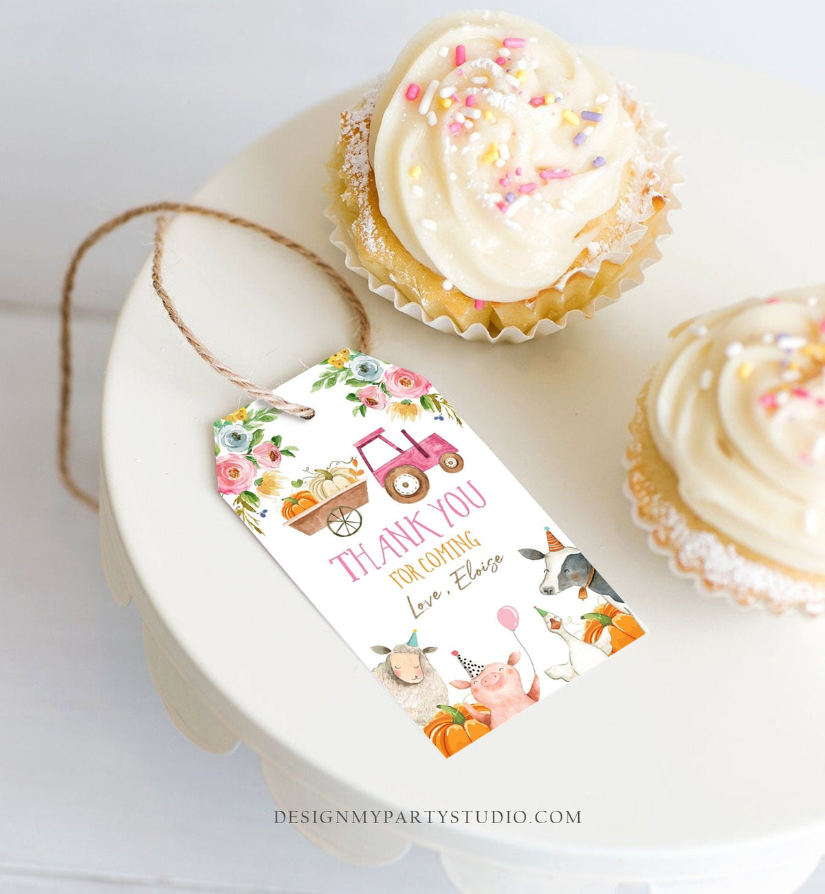 Editable Pumpkin Farm Animals Favor Tag Girl Pink Party Animals Birthday Thank You Gift Tag Fall Digital Download Template Printable 0155