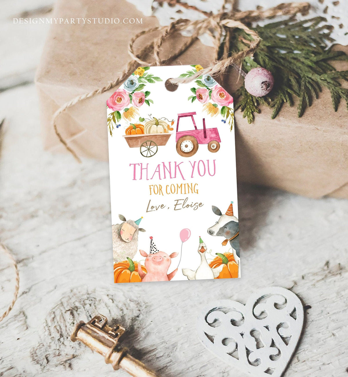 Editable Pumpkin Farm Animals Favor Tag Girl Pink Party Animals Birthday Thank You Gift Tag Fall Digital Download Template Printable 0155