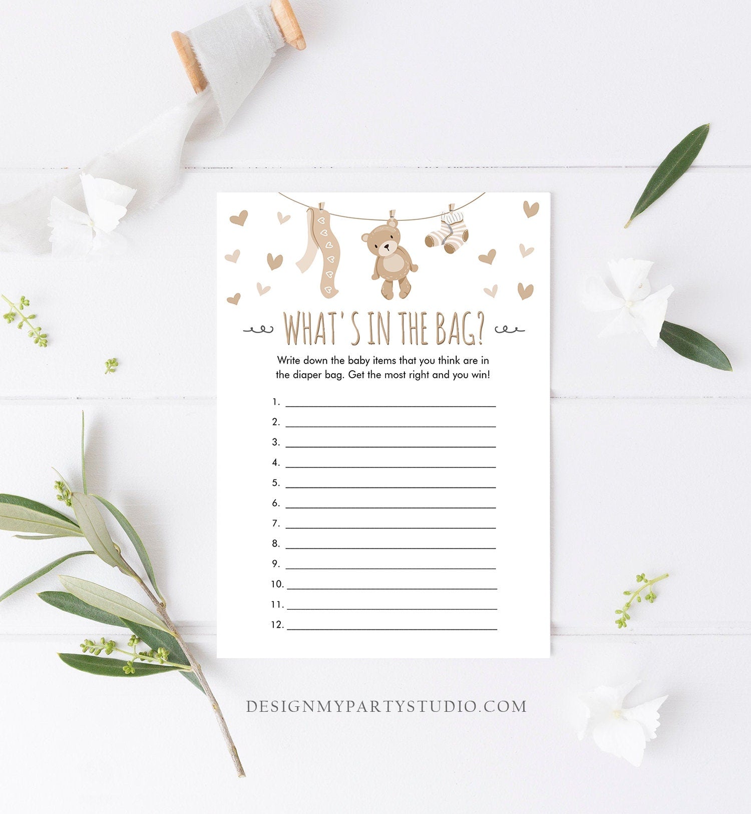 Editable What's in the Bag Baby Shower Game Teddy Bear Neutral Diaper Bag Guessing Shower Activity Digital Download Template Printable 0025