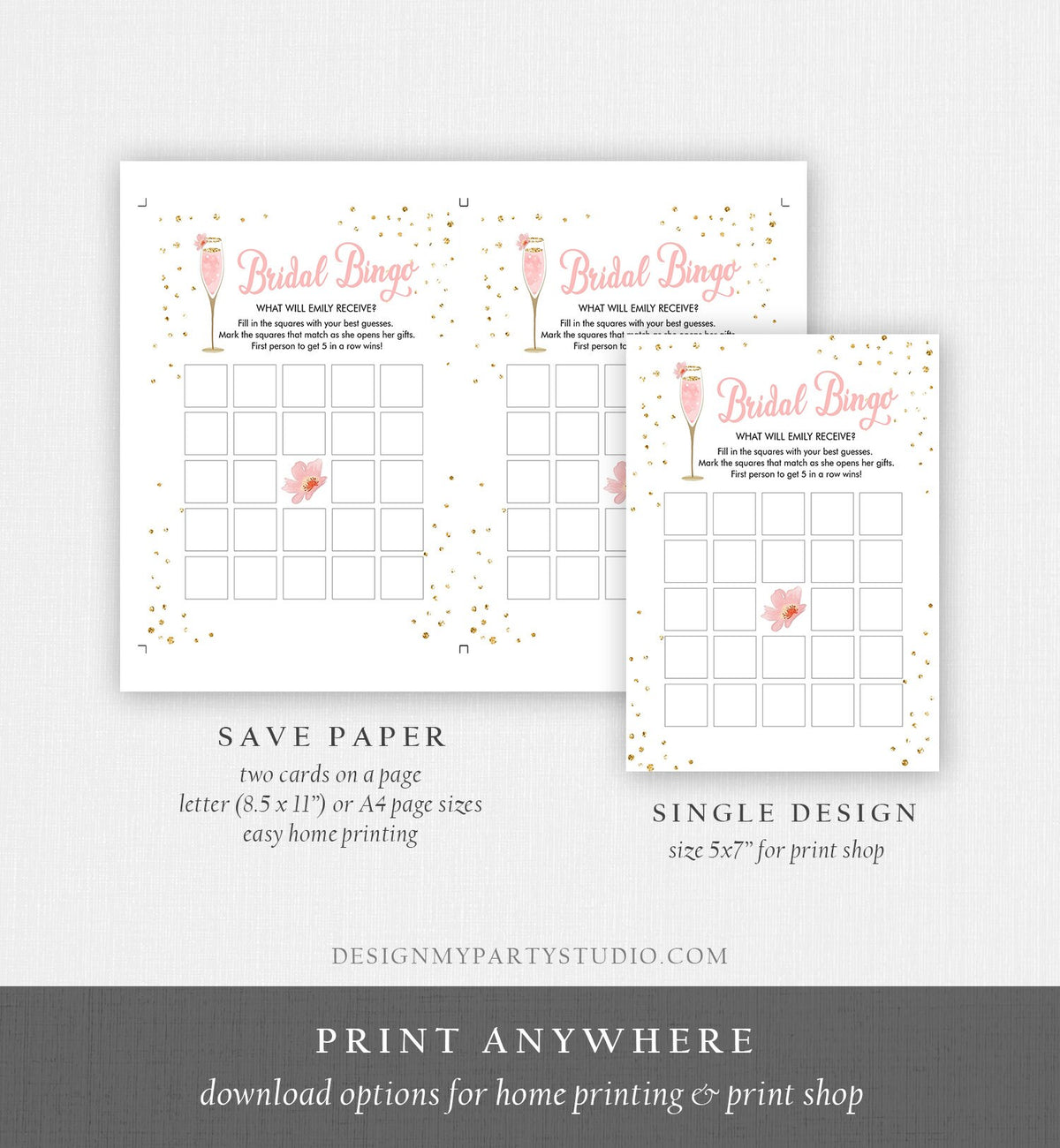 Editable Bridal Bingo Bridal Shower Game Brunch and Bubbly Coed Shower Games Pink Gold Wedding Activity Corjl Template Printable 0150