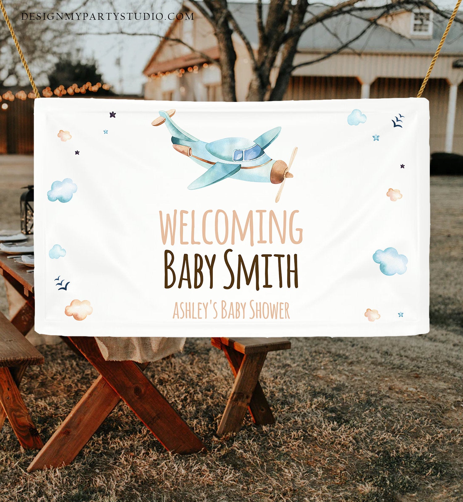 Editable Airplane Baby Shower Backdrop Banner Shower Welcome Sign Boy Blue Vintage Travel Adventure Digital Download Template Printable 0185