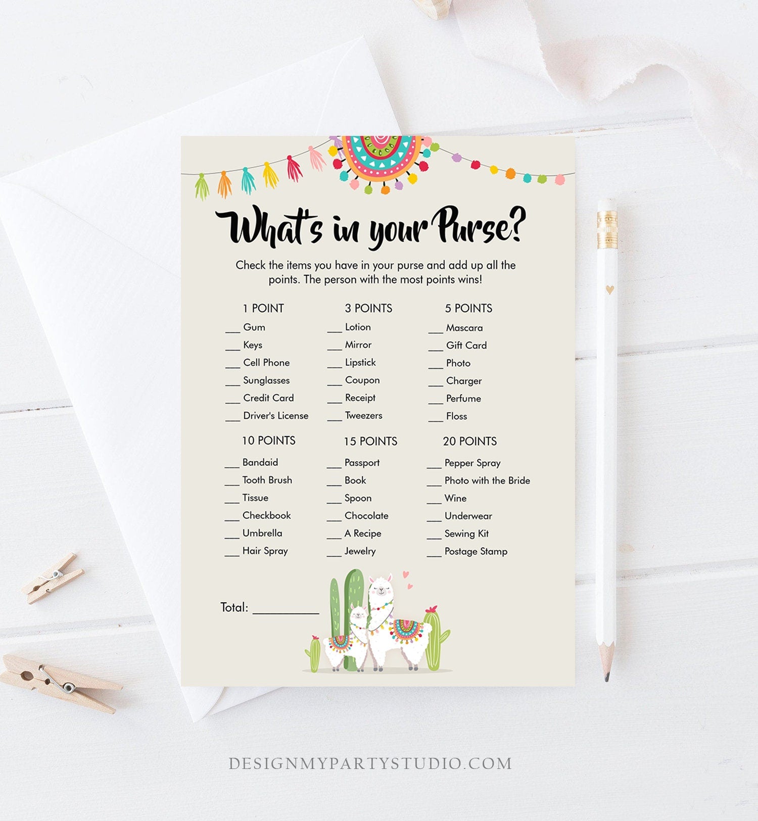 Editable Whats in Your Purse Baby Shower Game Llama Fiesta Mexican Coed Shower Llama Gender Neutral Activity Corjl Template Printable 0079