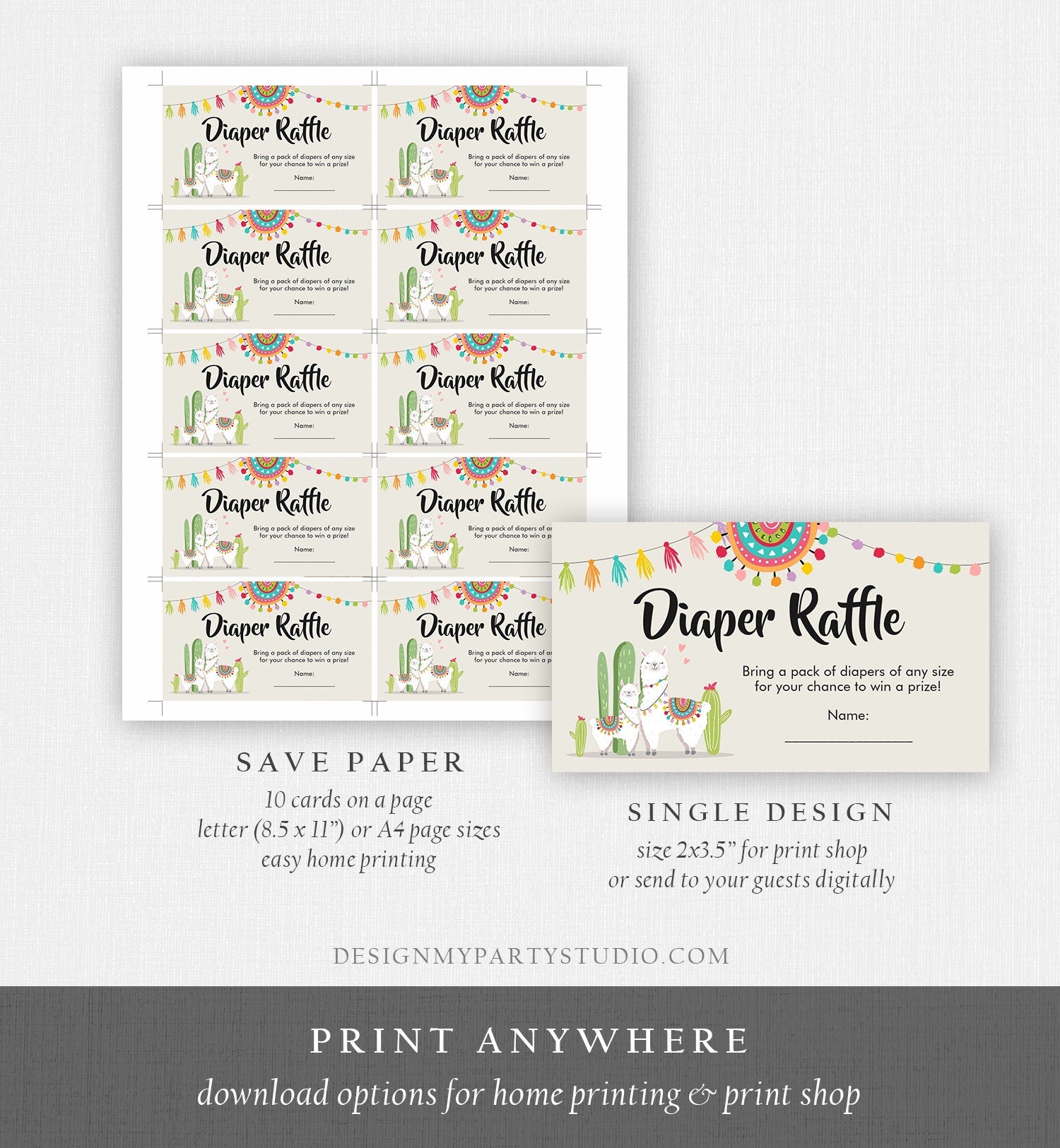 Editable Llama Diaper Raffle Ticket Fiesta Baby Shower Gender Neutral Diaper Game Insert Succulent Mexican Digital Template Printable 0079