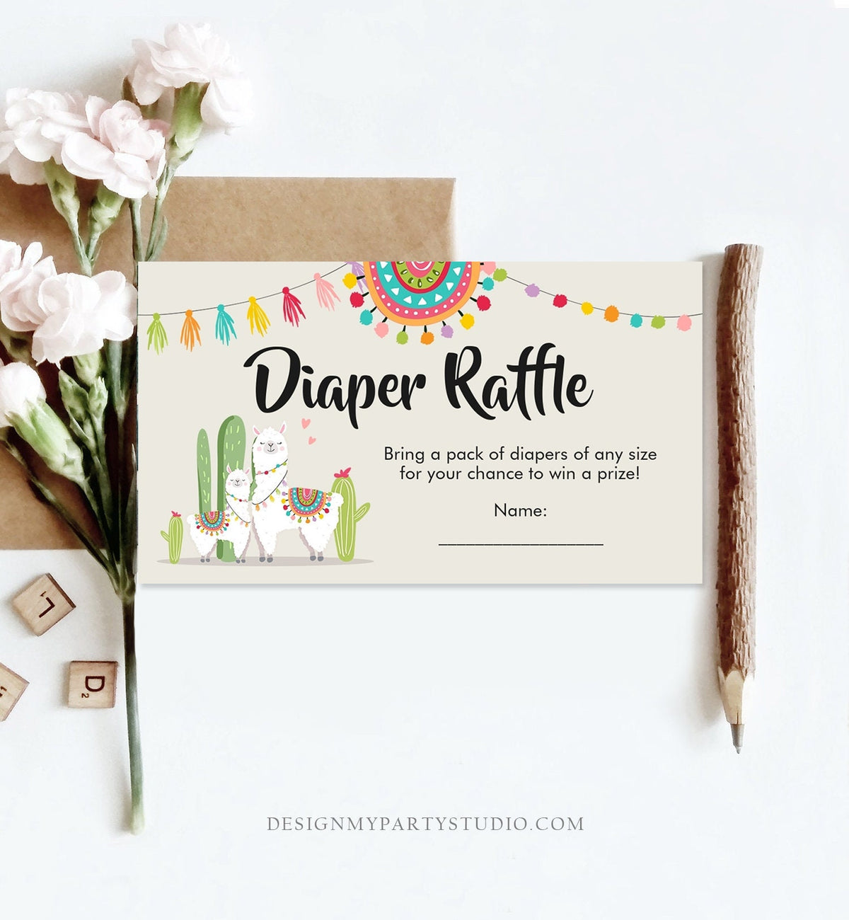 Editable Llama Diaper Raffle Ticket Fiesta Baby Shower Gender Neutral Diaper Game Insert Succulent Mexican Digital Template Printable 0079