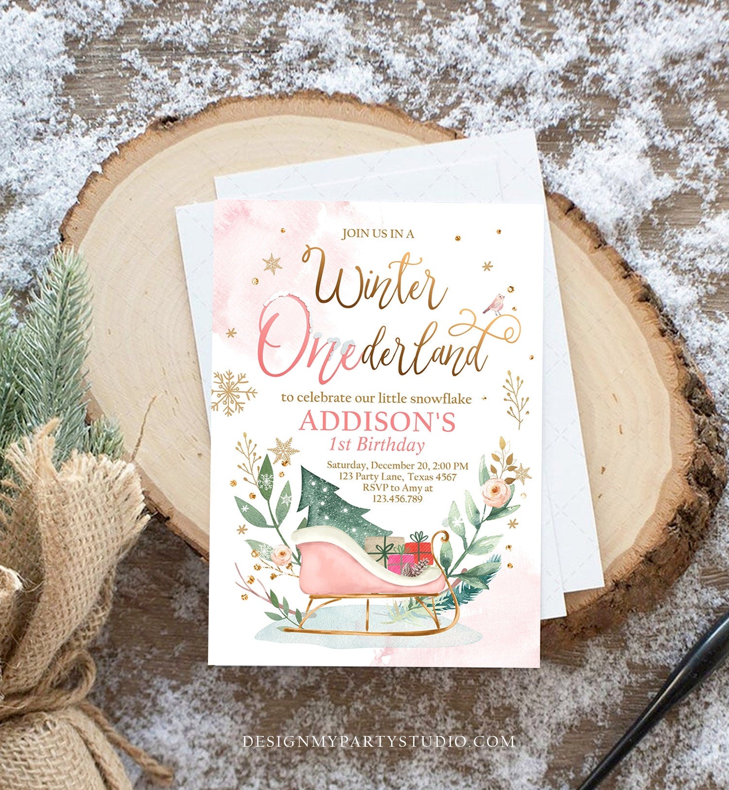 Editable Winter Onederland Invitation First Birthday Girl Pink Gold Christmas Sleigh Little Snowflake Digital Evite Template Printable 0353