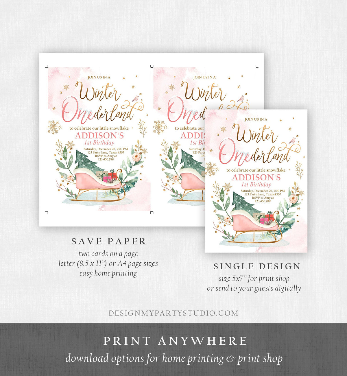 Editable Winter Onederland Invitation First Birthday Girl Pink Gold Christmas Sleigh Little Snowflake Digital Evite Template Printable 0353