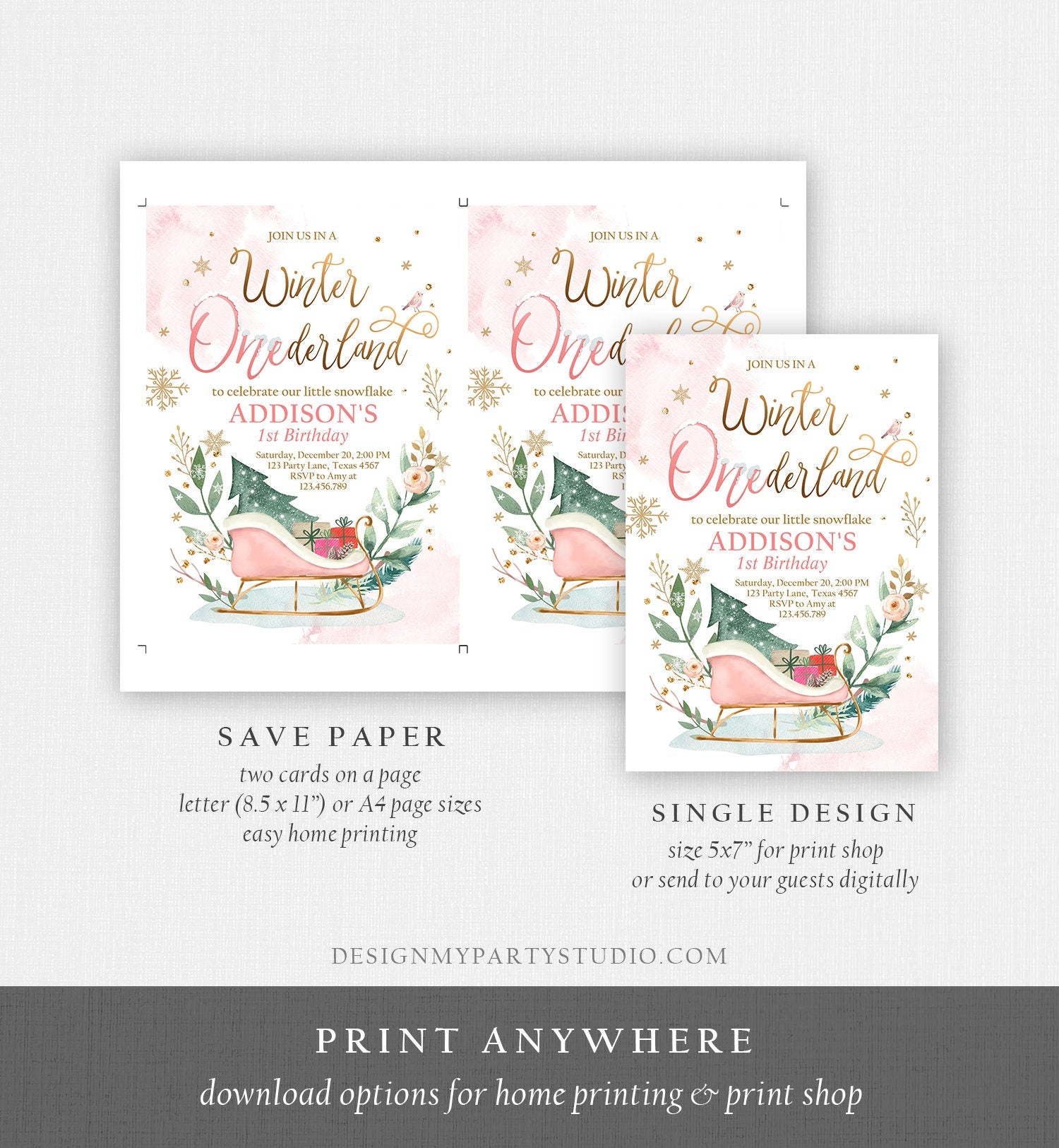 Editable Winter Onederland Invitation First Birthday Girl Pink Gold Christmas Sleigh Little Snowflake Digital Evite Template Printable 0353
