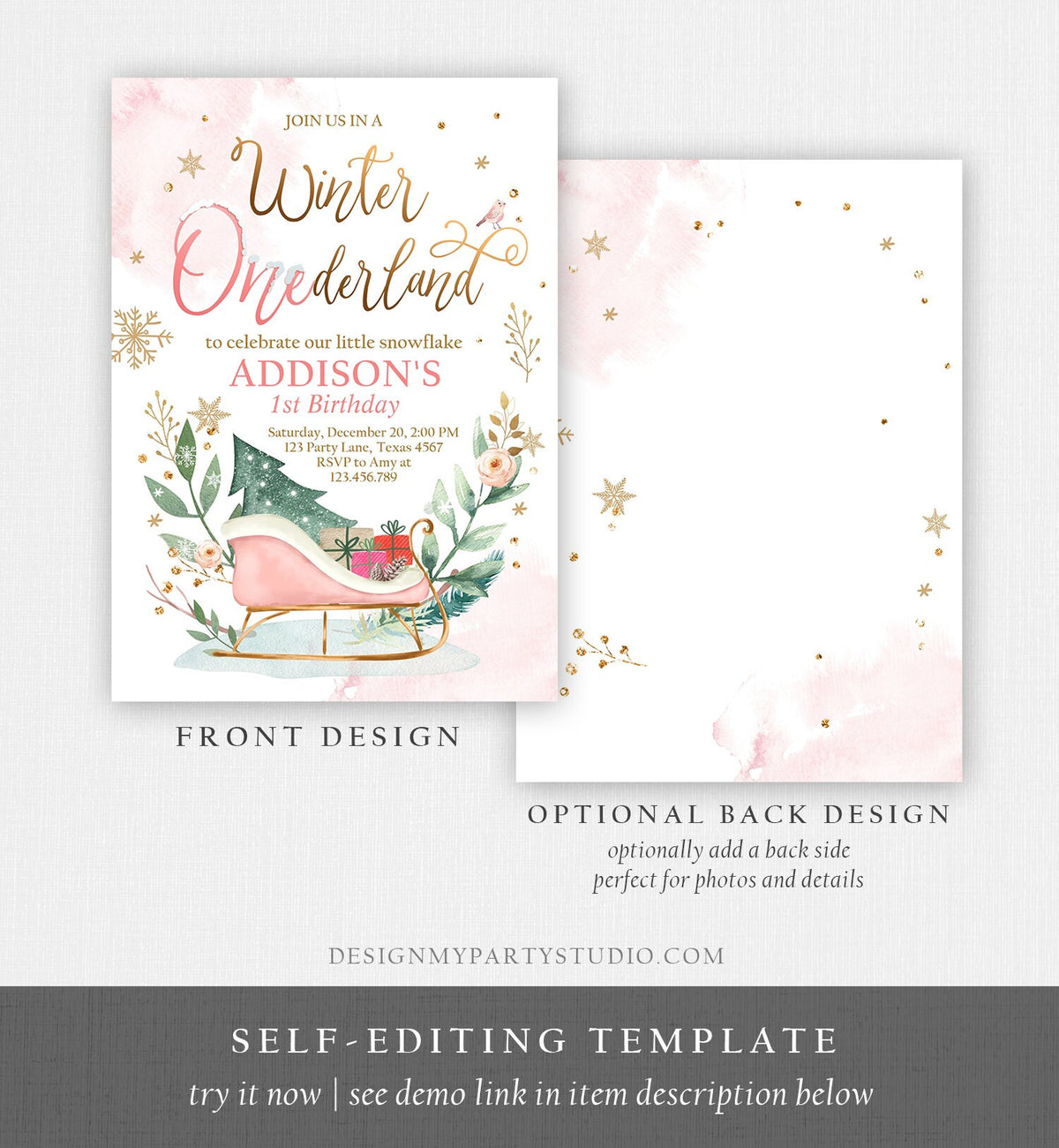 Editable Winter Onederland Invitation First Birthday Girl Pink Gold Christmas Sleigh Little Snowflake Digital Evite Template Printable 0353