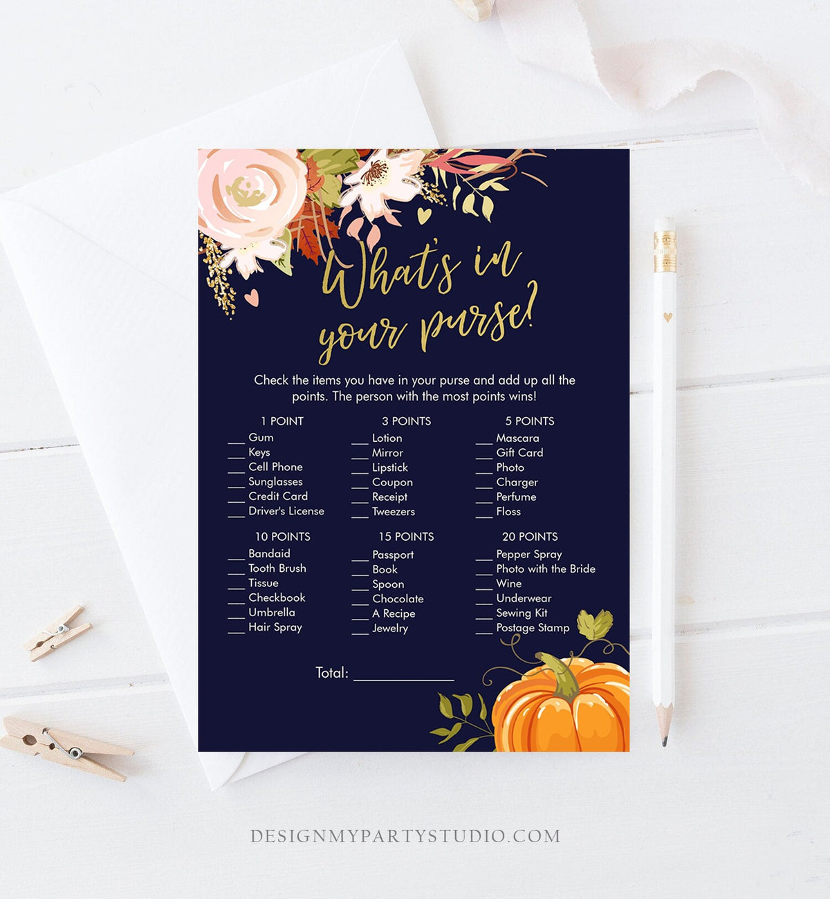 Editable What&#39;s in Your Purse Bridal Shower Game Fall in Love Autumn Pumpkin Floral Coed Wedding Activity Corjl Template Printable 0176