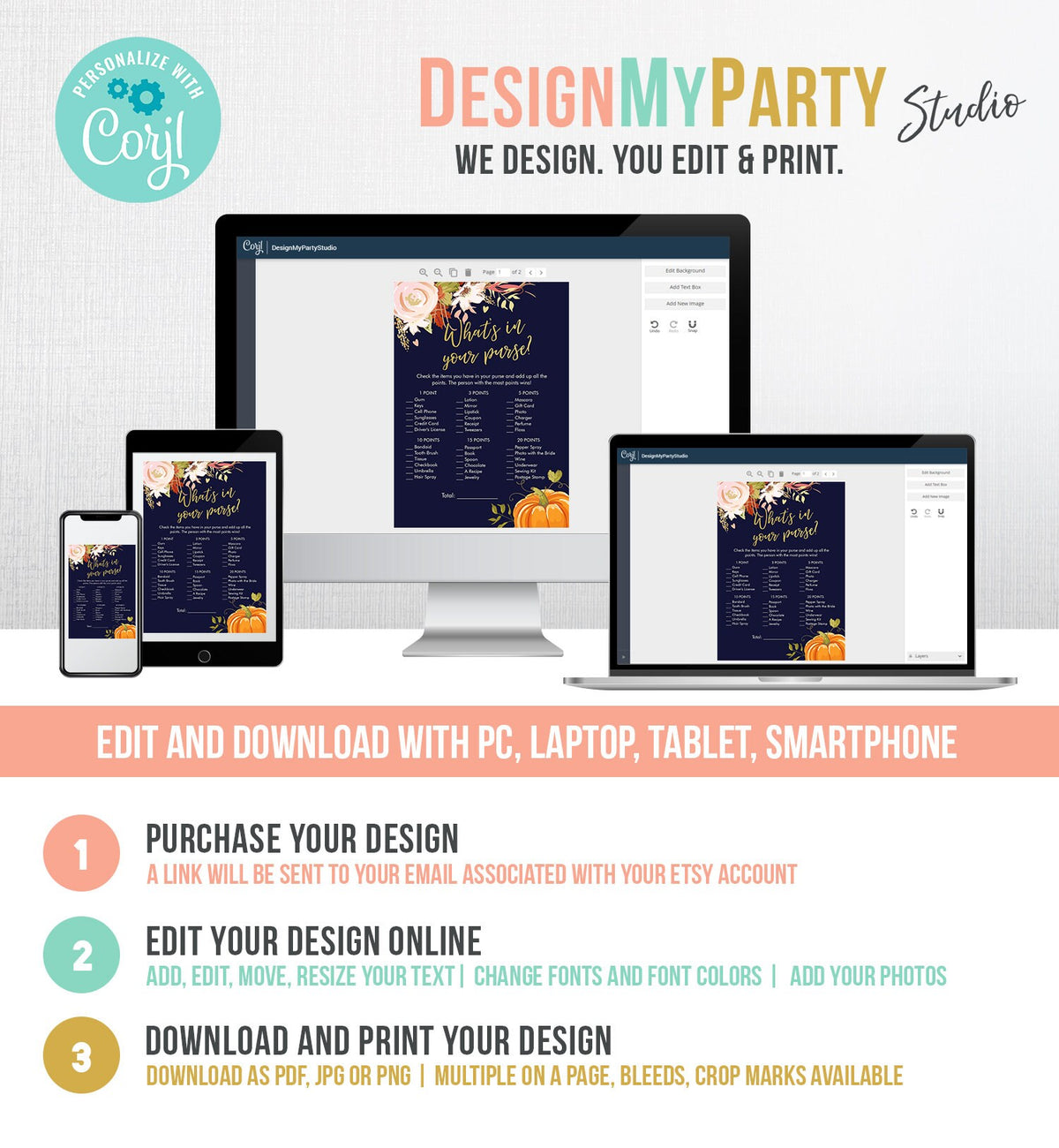 Editable What&#39;s in Your Purse Bridal Shower Game Fall in Love Autumn Pumpkin Floral Coed Wedding Activity Corjl Template Printable 0176