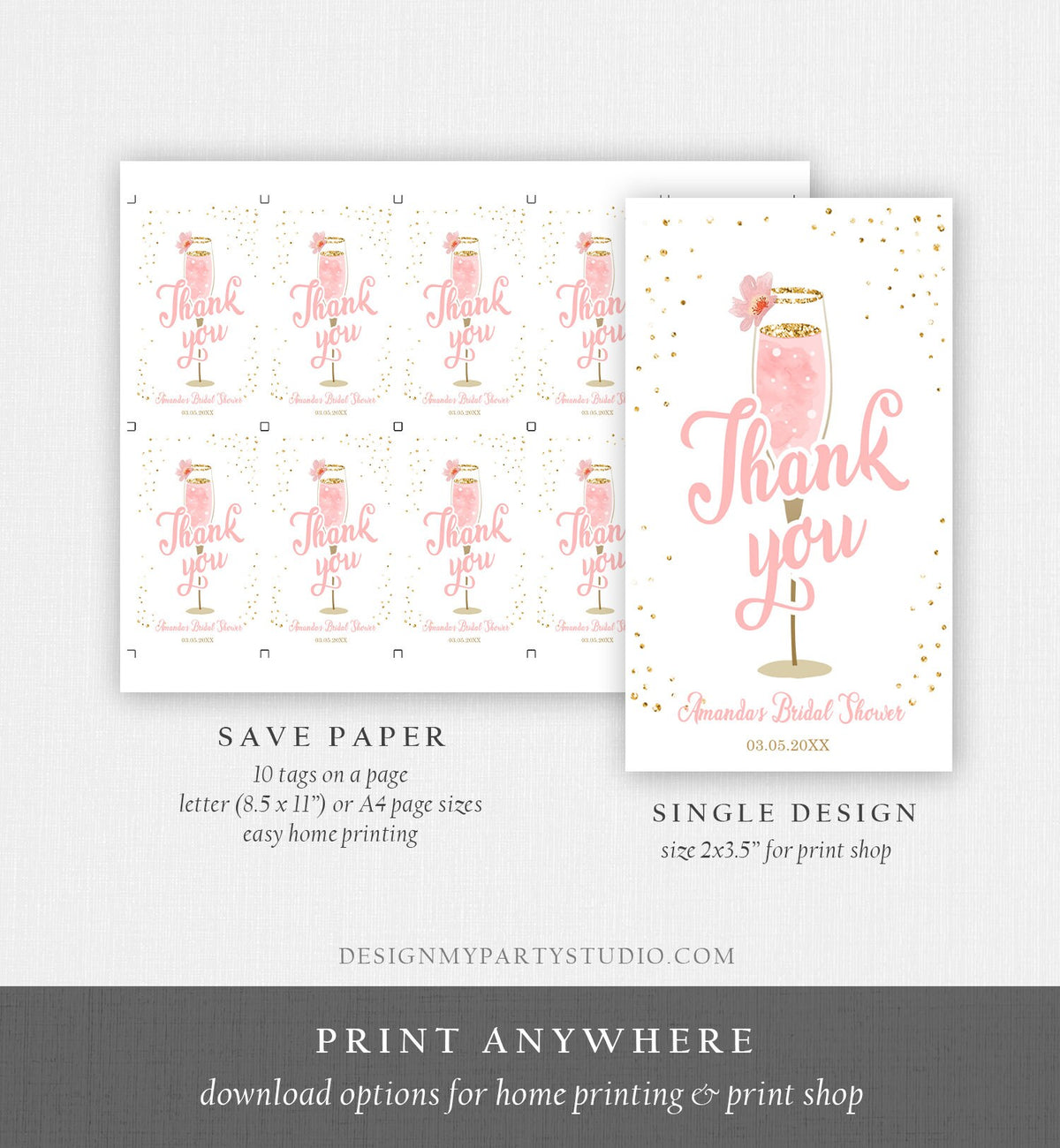 Editable Brunch and Bubbly Thank You Tags Bubbly Bridal Shower Favor Tags Blush Pink Gold Confetti Floral Corjl Template Printable 0150