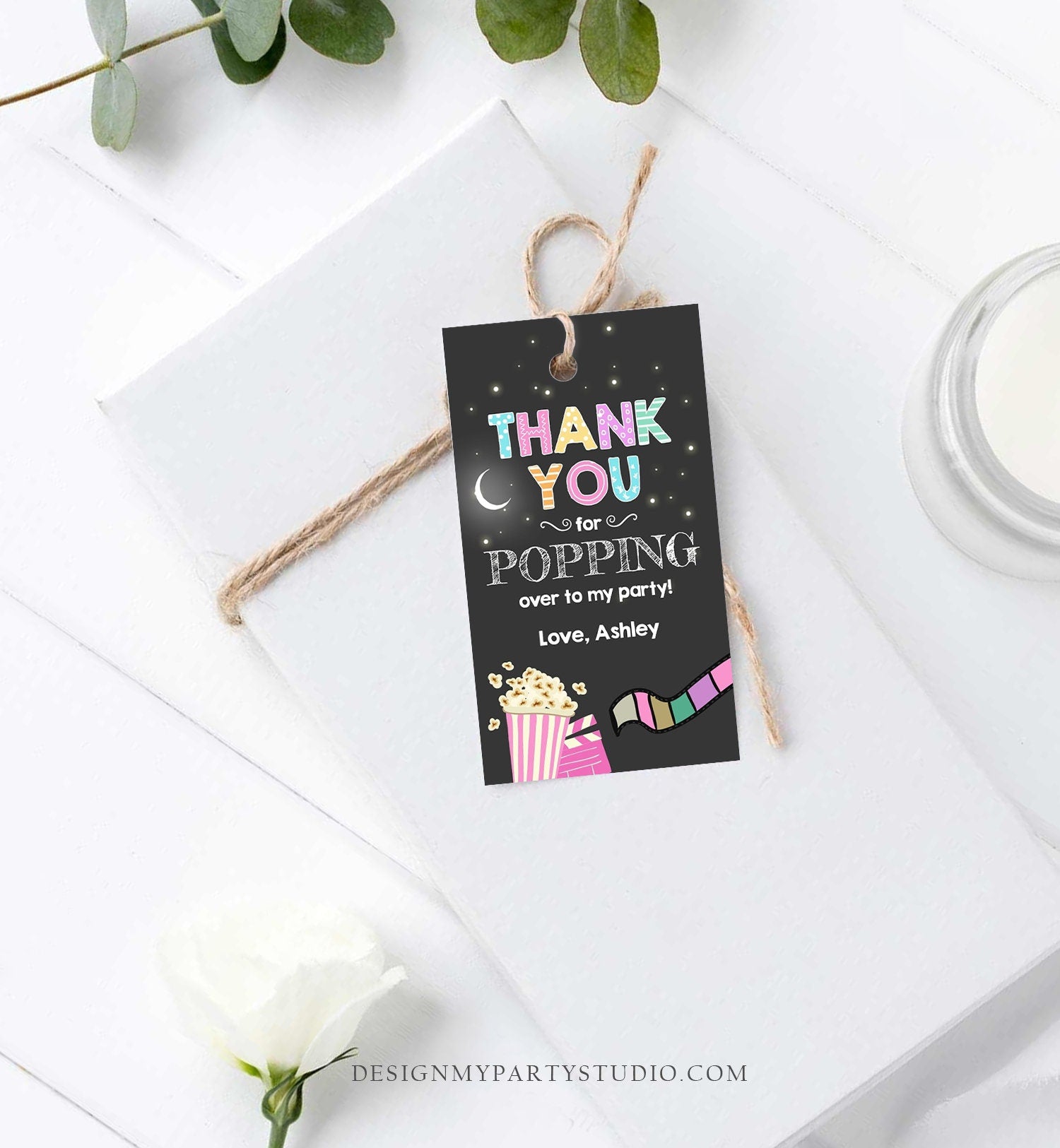 Editable Movie Night Favor Tag Thank You Gift Tag Cinema Under The Stars Popcorn Backyard Party Digital Download Template Printable 0042