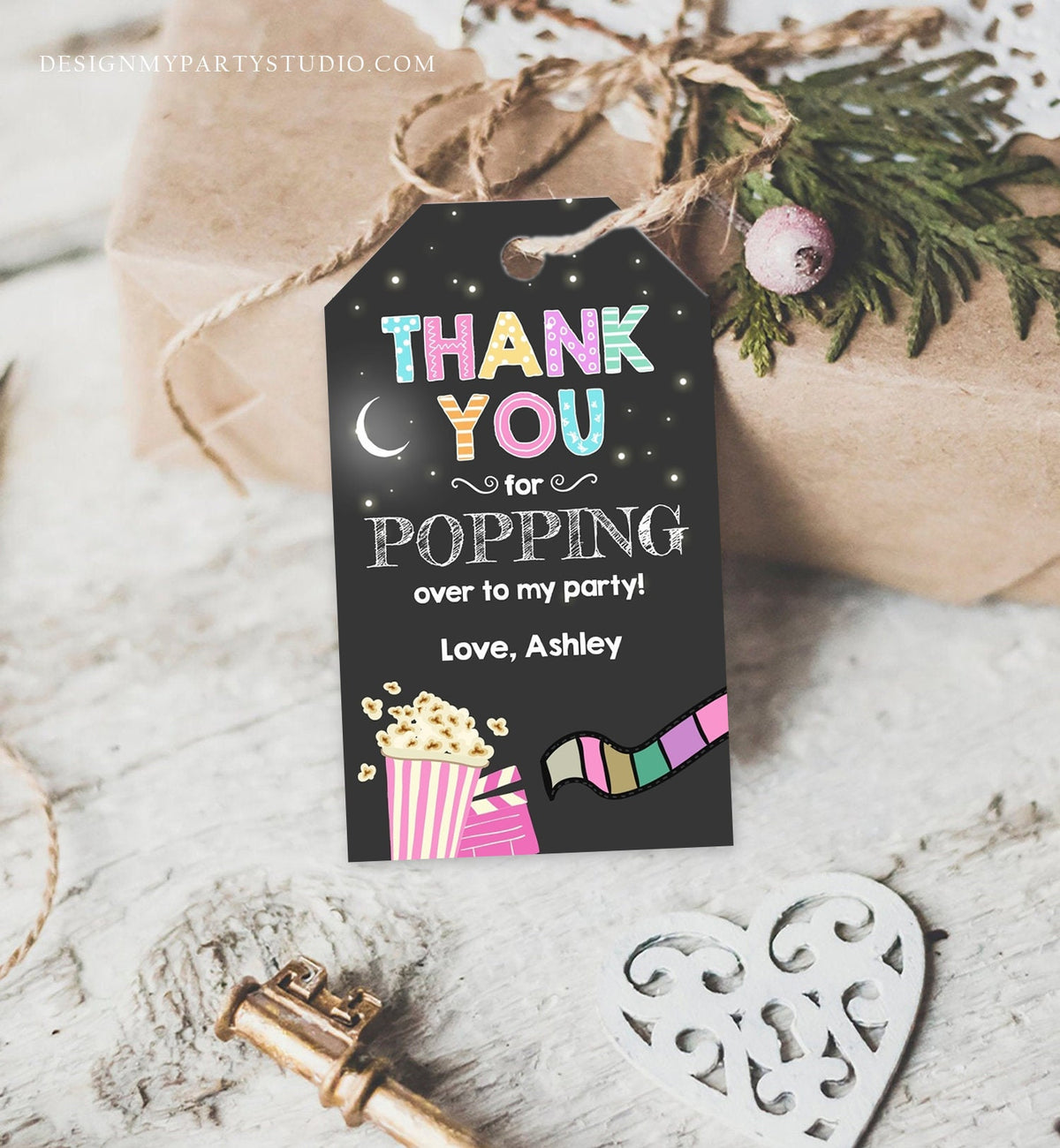 Editable Movie Night Favor Tag Thank You Gift Tag Cinema Under The Stars Popcorn Backyard Party Digital Download Template Printable 0042