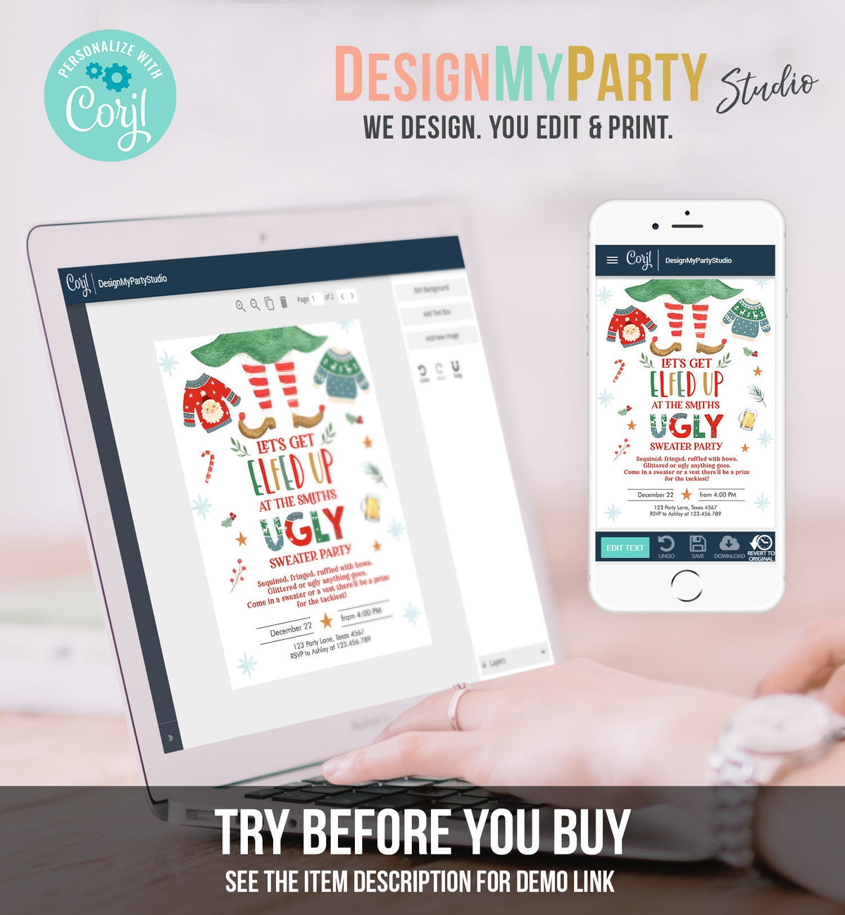 Editable Let&#39;s Get Elfed Up Christmas Party Invitation Framily Holiday Ugly Sweater Digital Evite Elf Digital Template Printable 0354
