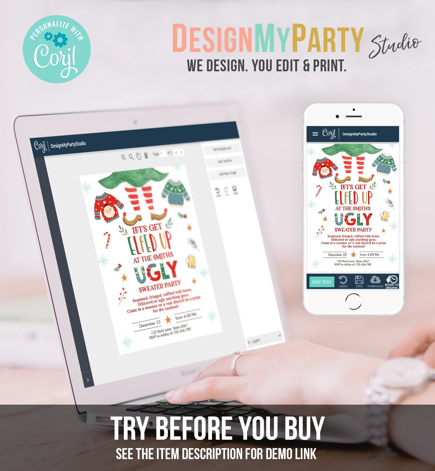 Editable Let's Get Elfed Up Christmas Party Invitation Framily Holiday Ugly Sweater Digital Evite Elf Digital Template Printable 0354
