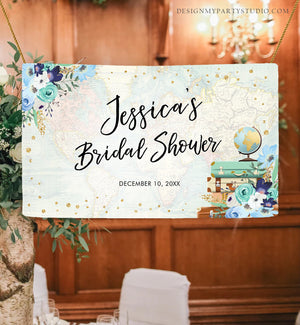 Editable Travel Adventure Backdrop Banner Welcome Bridal Shower Baby Shower Birthday Decor Sign Blue Floral Corjl Template Printable 0030
