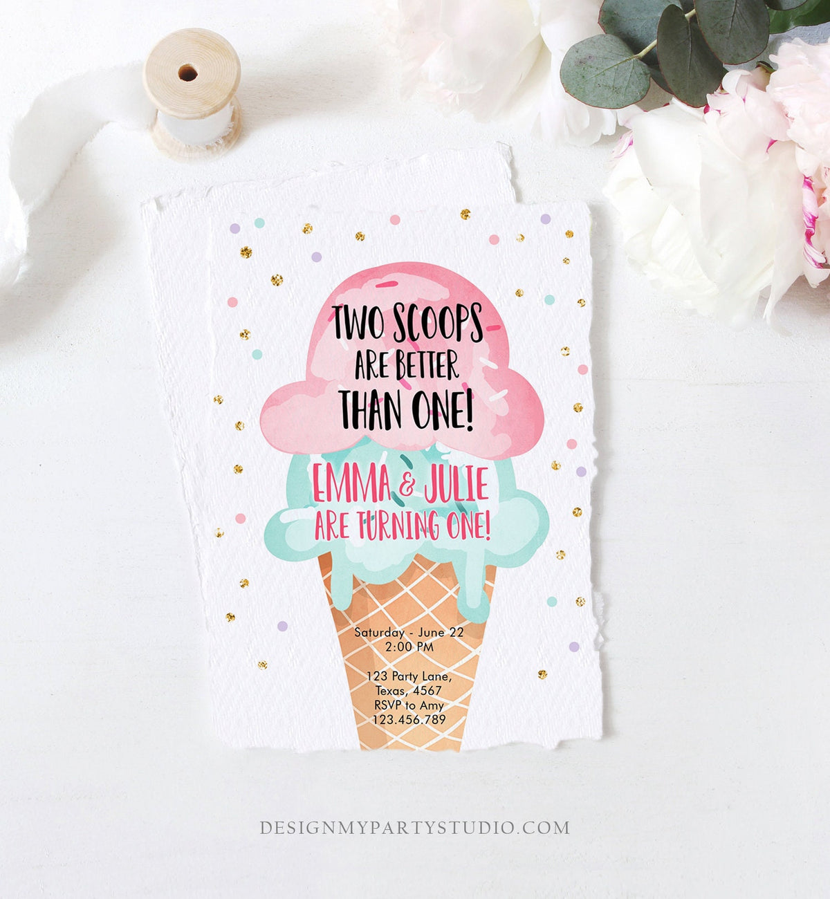 Editable Twin Ice Cream Birthday Invitation First Birthday Two is Better Than One Pink Mint Gold Download Printable Template Corjl 0243