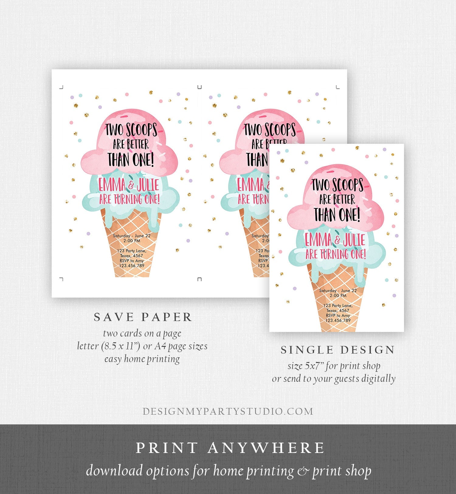 Editable Twin Ice Cream Birthday Invitation First Birthday Two is Better Than One Pink Mint Gold Download Printable Template Corjl 0243