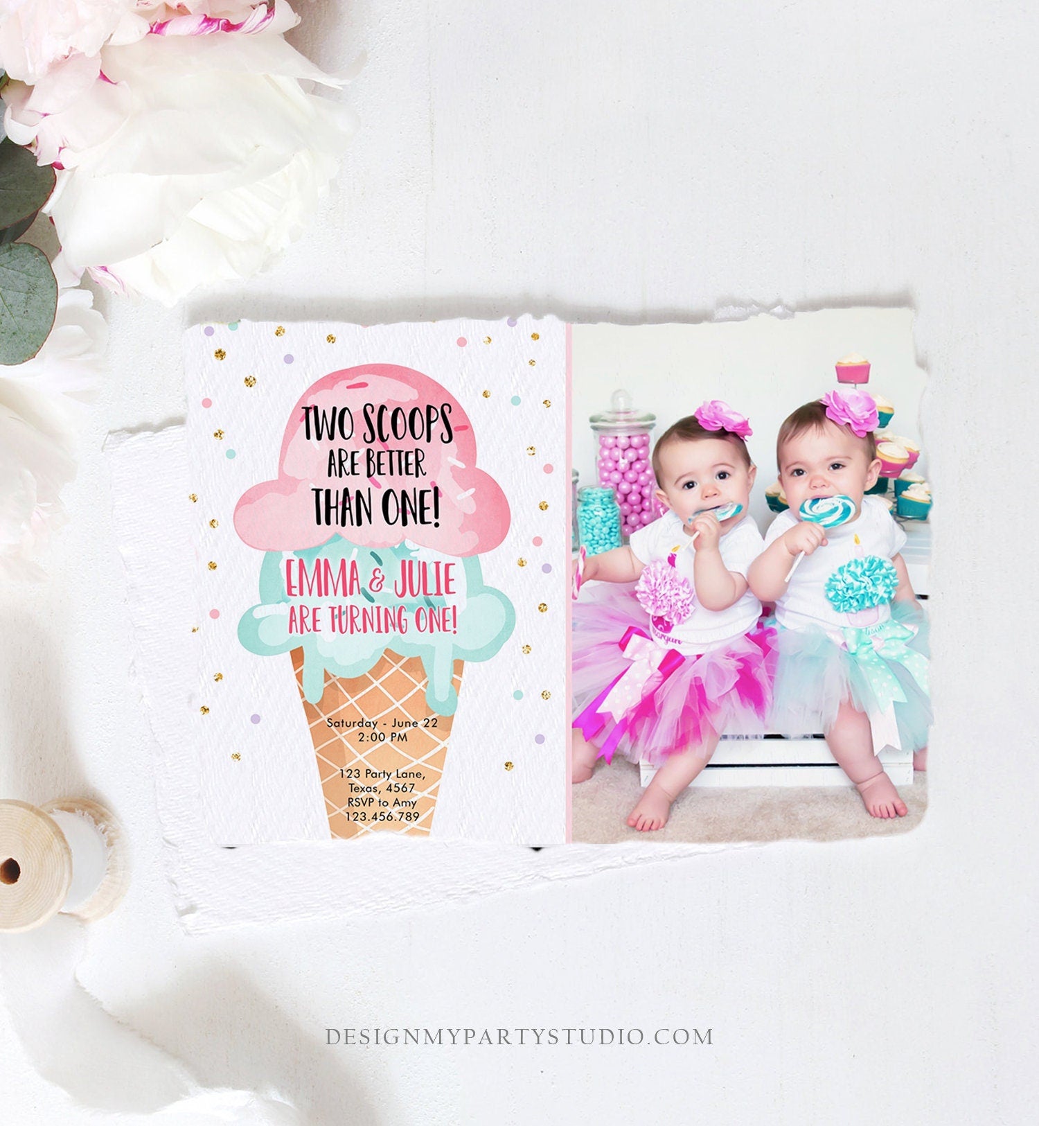 Editable Twin Ice Cream Birthday Invitation First Birthday Two is Better Than One Pink Mint Gold Download Printable Template Corjl 0243