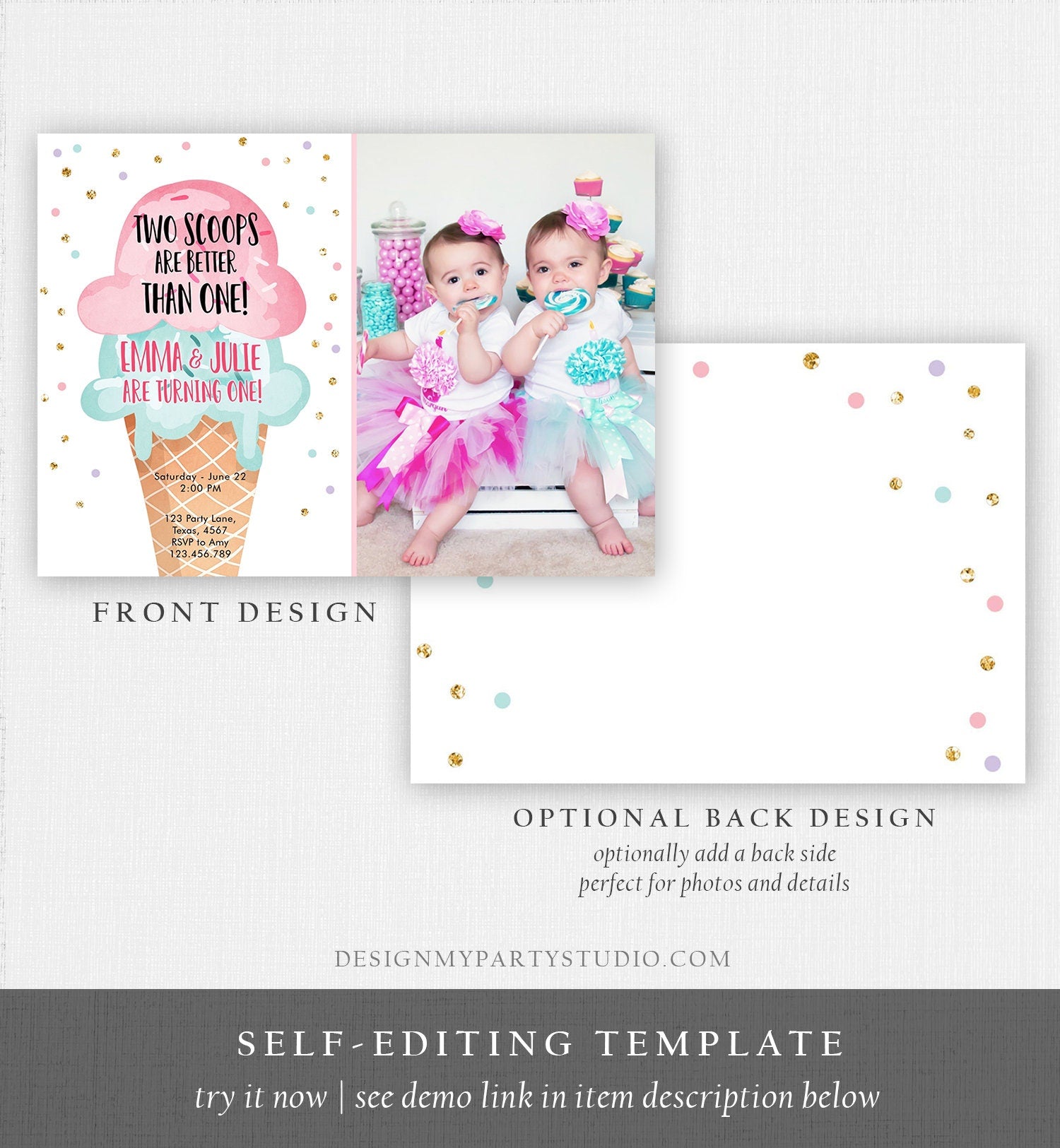 Editable Twin Ice Cream Birthday Invitation First Birthday Two is Better Than One Pink Mint Gold Download Printable Template Corjl 0243
