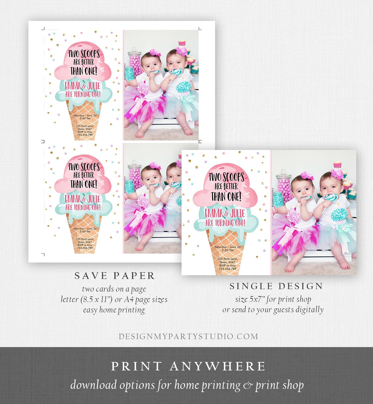 Editable Twin Ice Cream Birthday Invitation First Birthday Two is Better Than One Pink Mint Gold Download Printable Template Corjl 0243