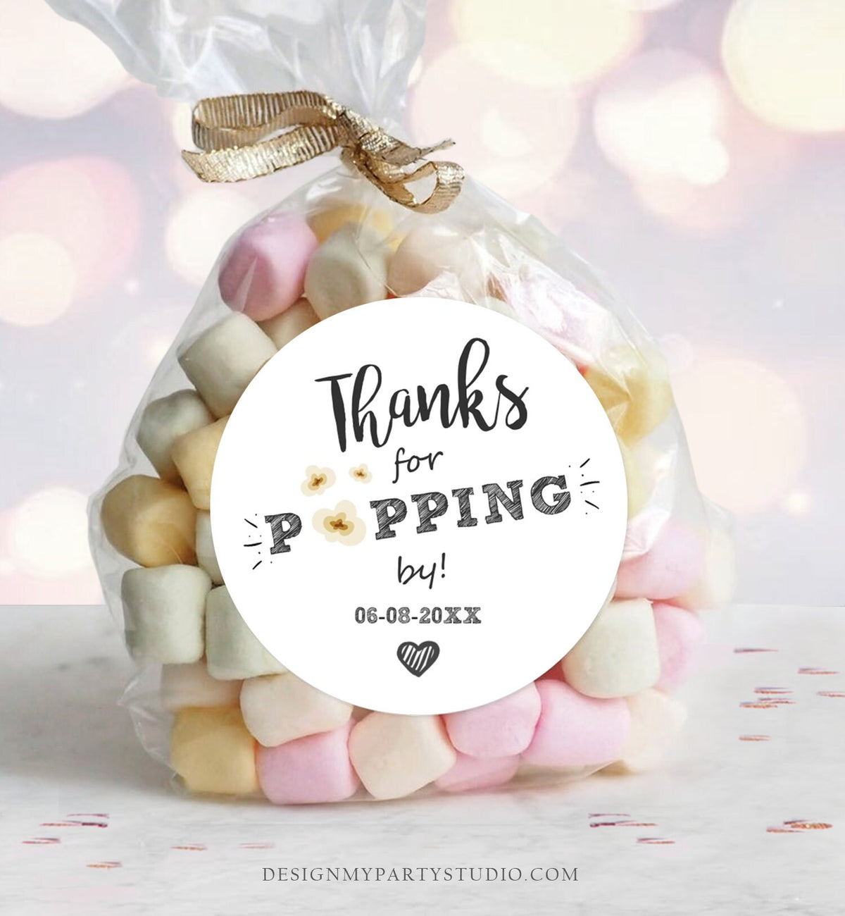 Editable Thanks For Popping By Gift Popcorn Favor Tag String Lights Bridal Shower Wedding Birthday Party Stickers Template Corjl 0110