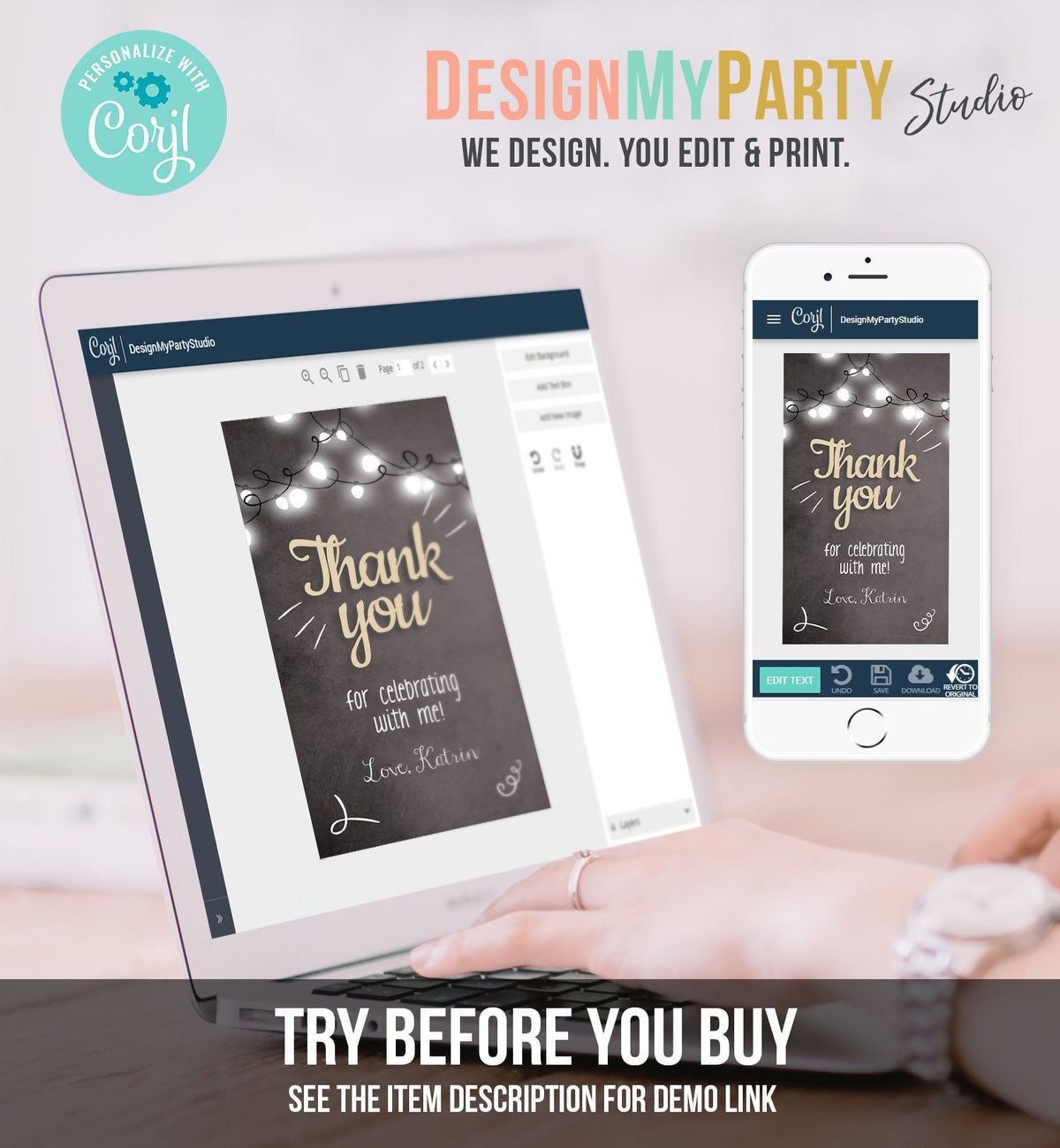 Editable ThanK You tags Rustic Favor Tags Gift Tag Adult Birthday Wedding Shower Bridal String Lights Corjl Template Printable 0230