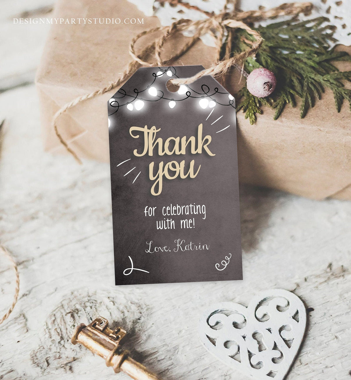 Editable ThanK You tags Rustic Favor Tags Gift Tag Adult Birthday Wedding Shower Bridal String Lights Corjl Template Printable 0230