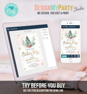 Editable Christmas Party Invitation Holiday Company It's Cold Outside Business Family Pink Gold Tree Corjl Template Download Printable 0353