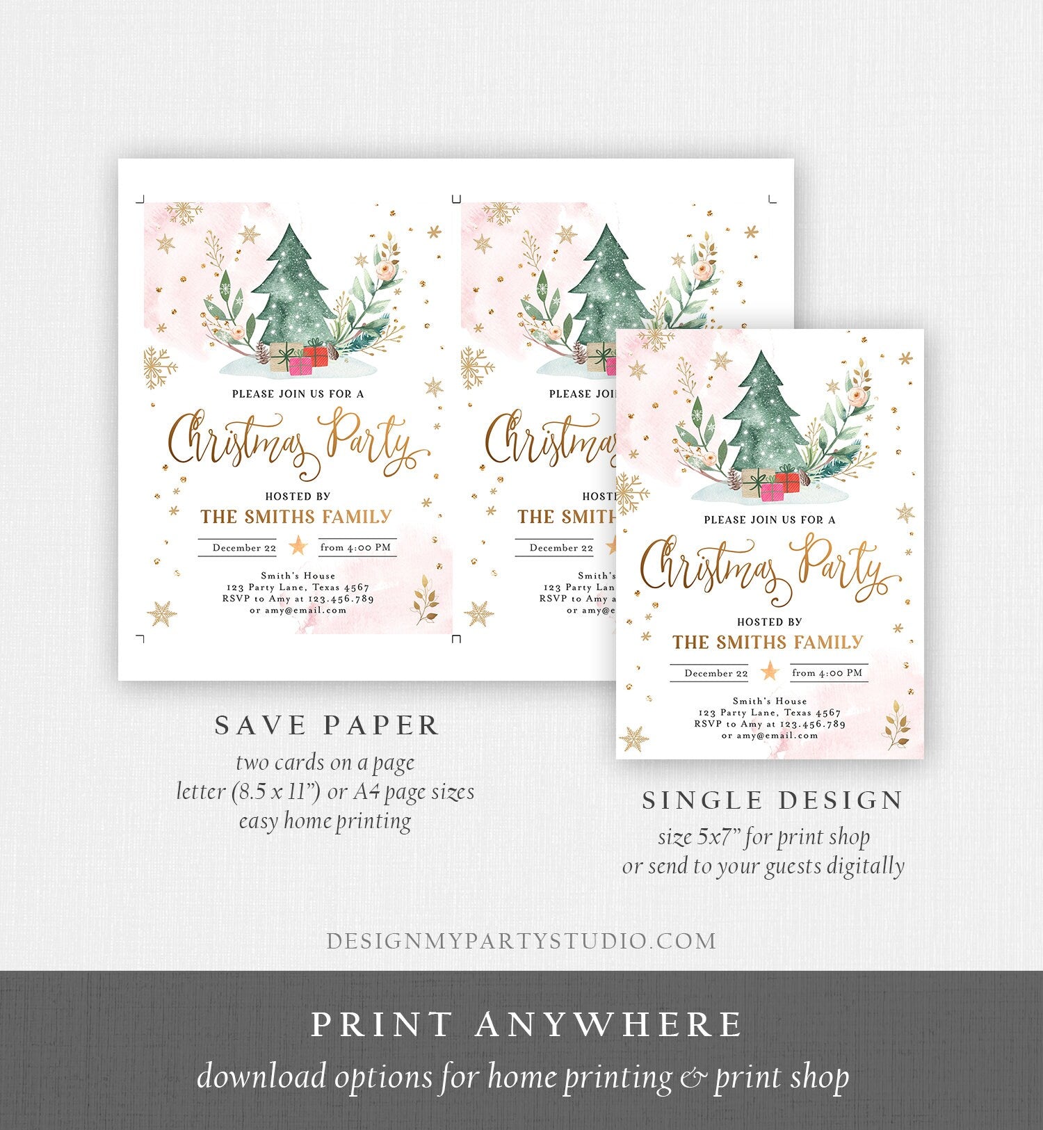 Editable Christmas Party Invitation Holiday Company It's Cold Outside Business Family Pink Gold Tree Digital Evite Template Printable 0353