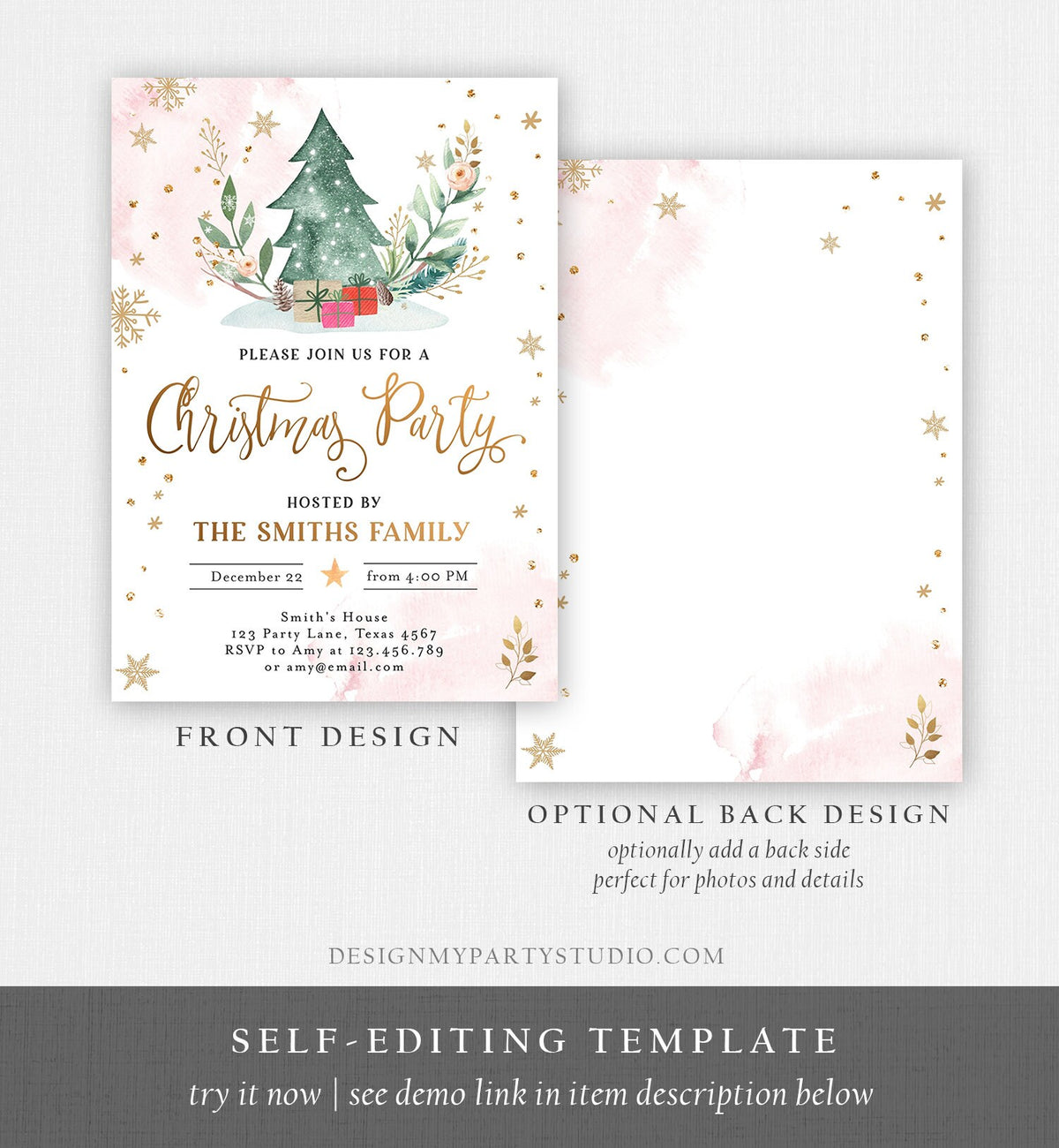 Editable Christmas Party Invitation Holiday Company It&#39;s Cold Outside Business Family Pink Gold Tree Digital Evite Template Printable 0353