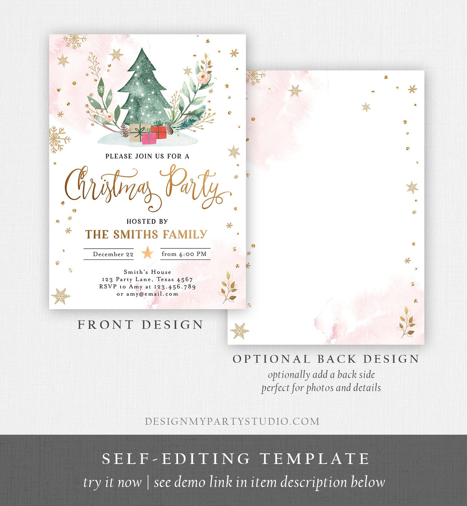 Editable Christmas Party Invitation Holiday Company It's Cold Outside Business Family Pink Gold Tree Digital Evite Template Printable 0353