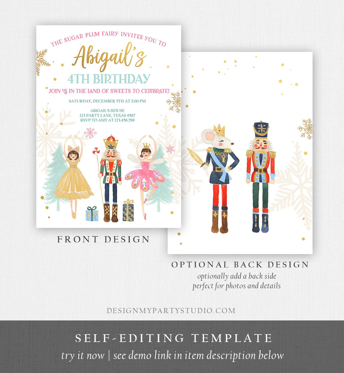 Editable Nutcracker Birthday Invitation Ballet Christmas Birthday Invite Pink Girl Sugar Plum Fairy Download Printable Template Corjl 0352