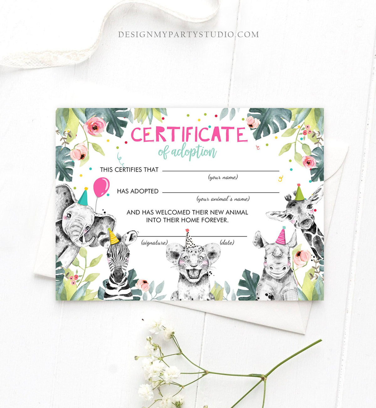 Adopt an Animal Adoption Certificate Safari Animals Adoption Wild One Birthday Party Animals Birthday Girl Download Digital PRINTABLE 0322